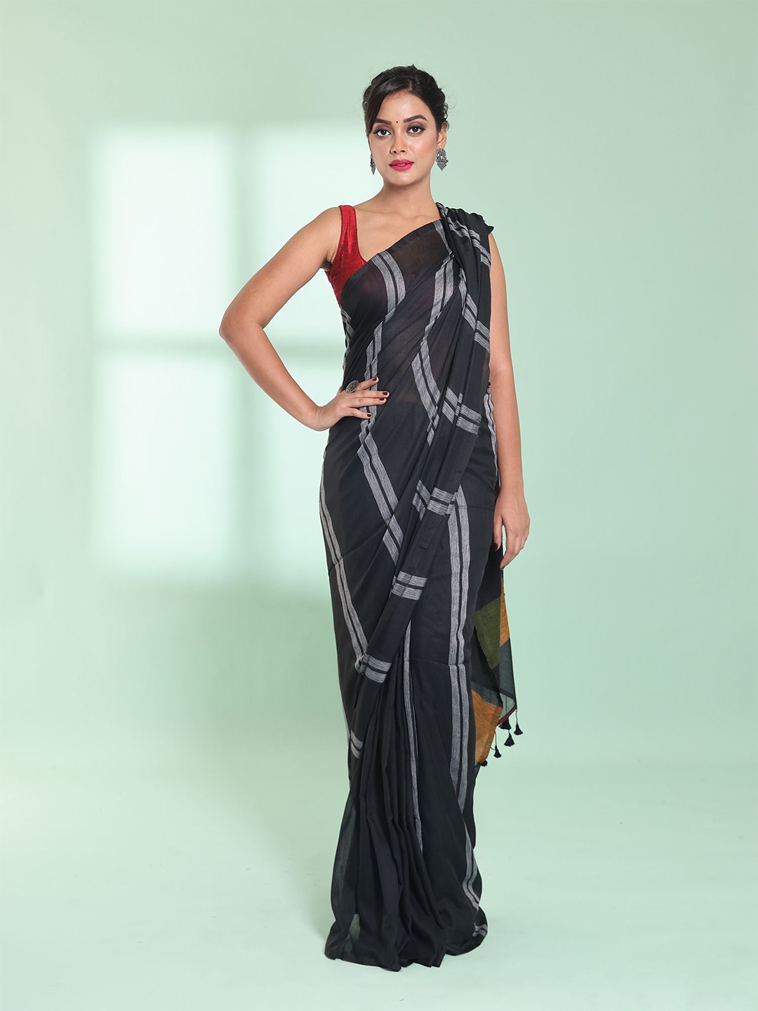 

Charukriti Striped Pure Cotton Saree, Black