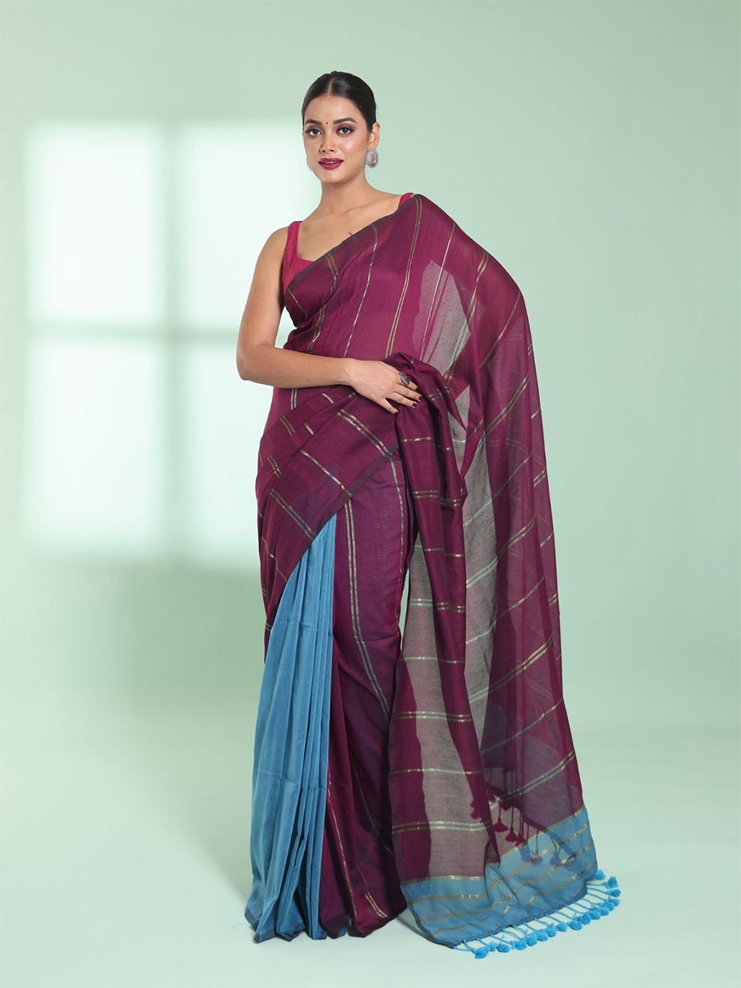 

Charukriti Striped Zari Pure Cotton Saree With Tassels, Purple