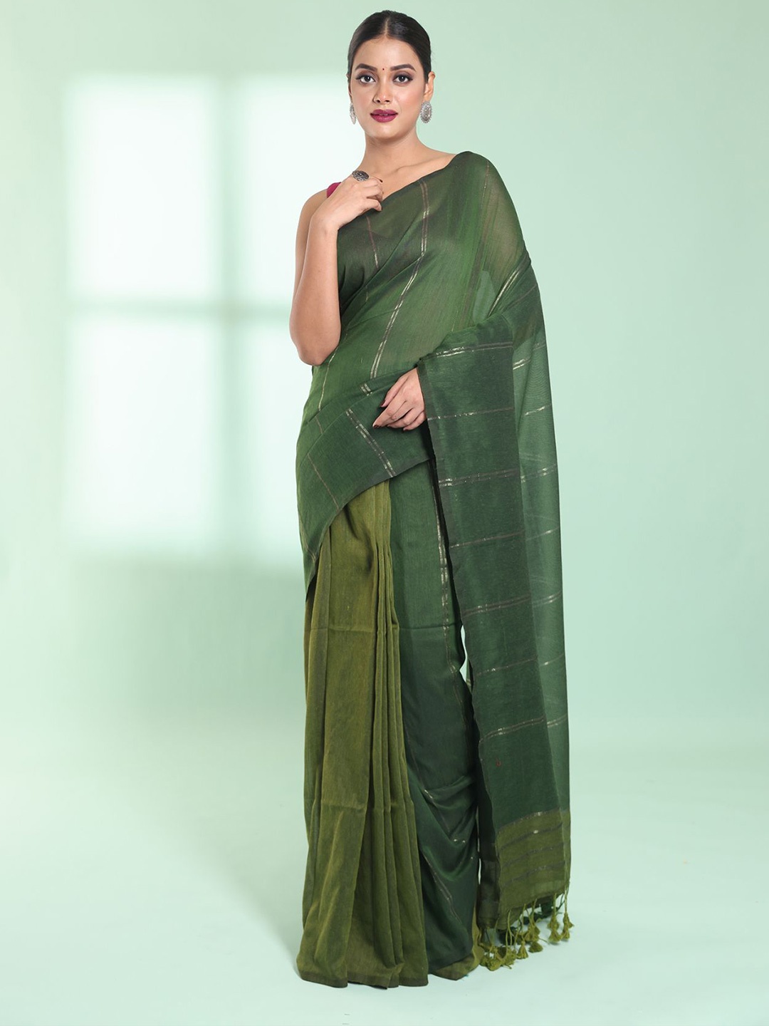 

Charukriti Striped Zari Pure Cotton Saree, Green