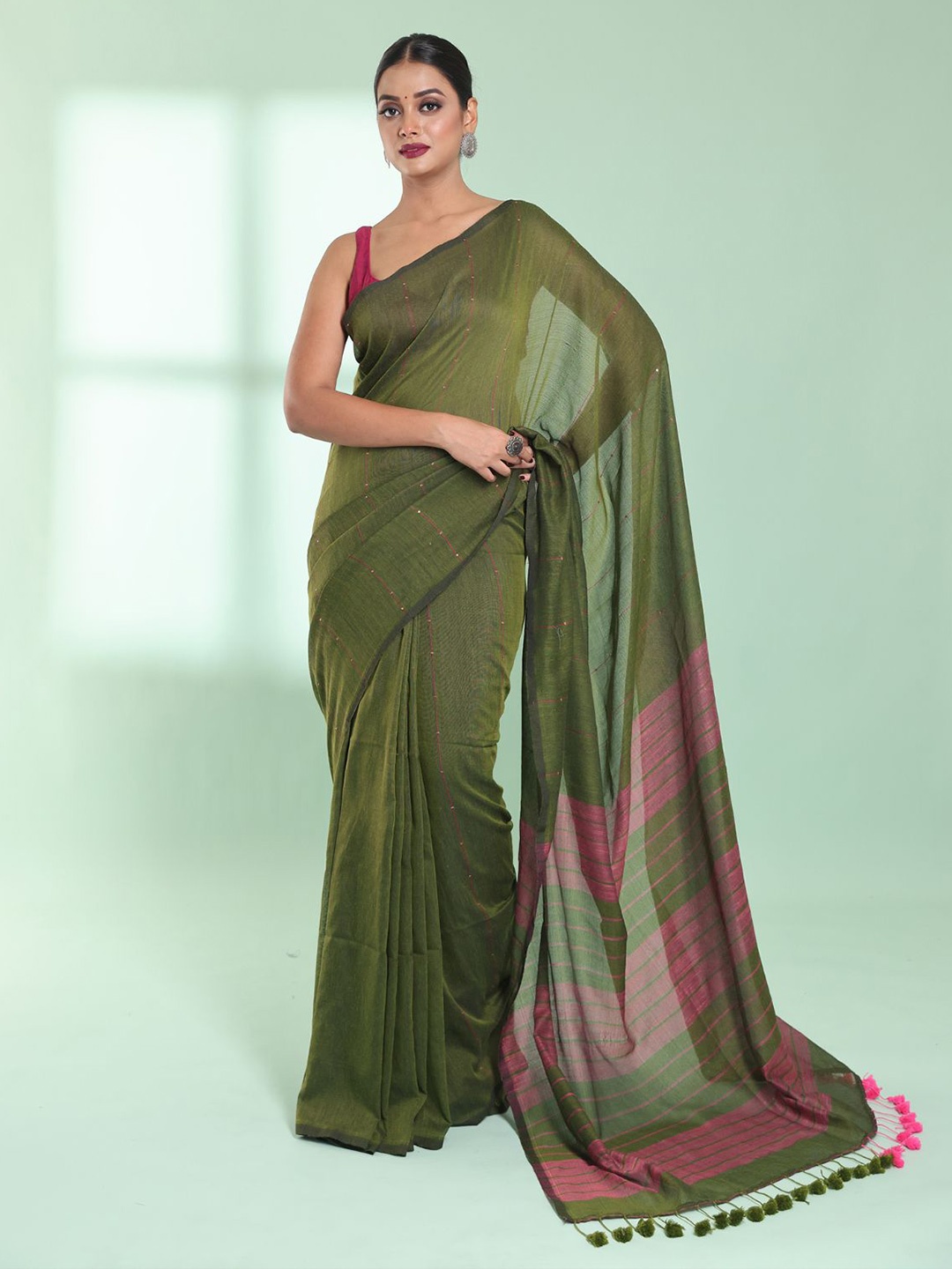 

Charukriti Striped Sequinned Pure Cotton Saree, Green