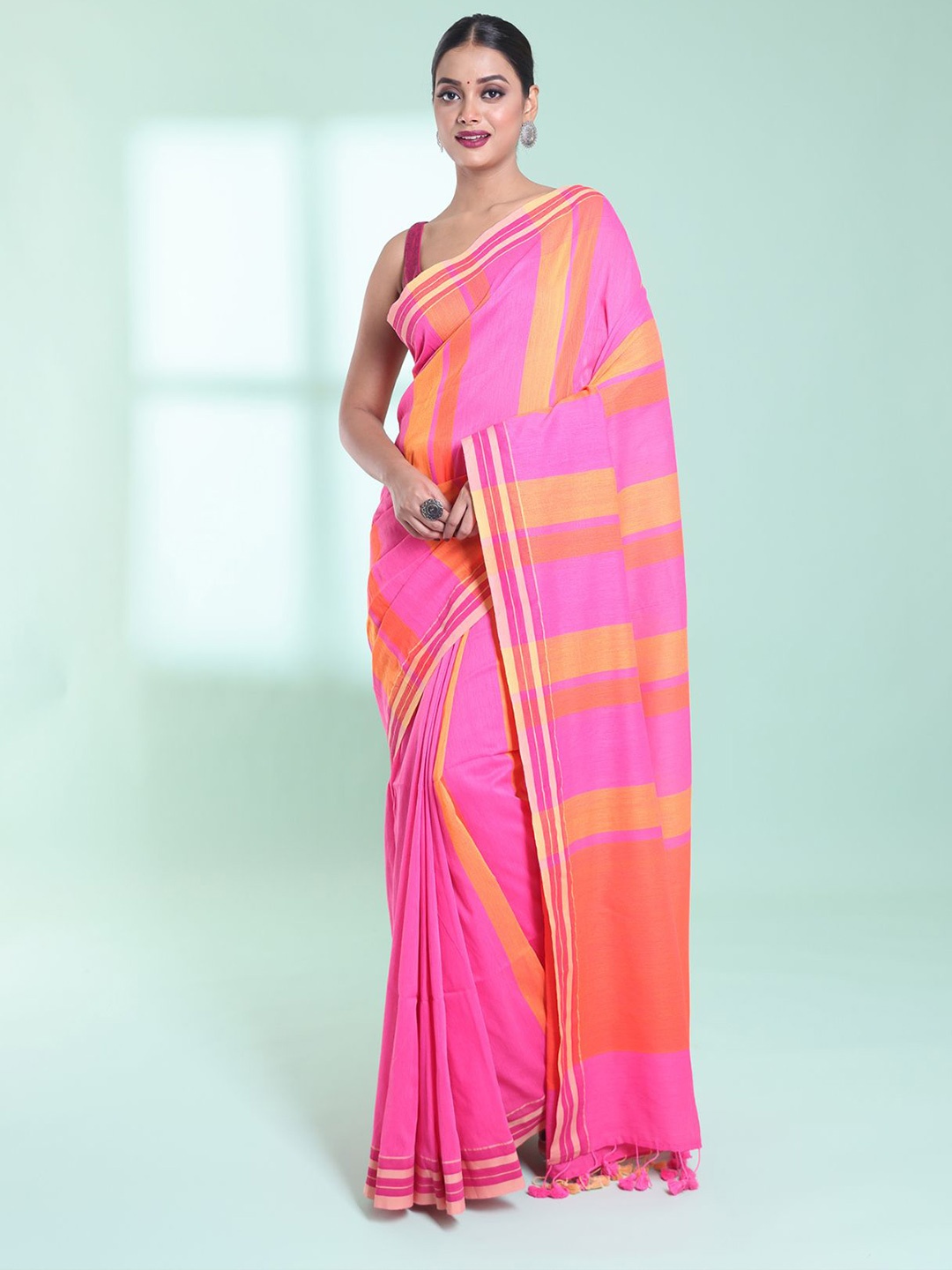 

Charukriti Striped Pure Cotton Saree, Pink