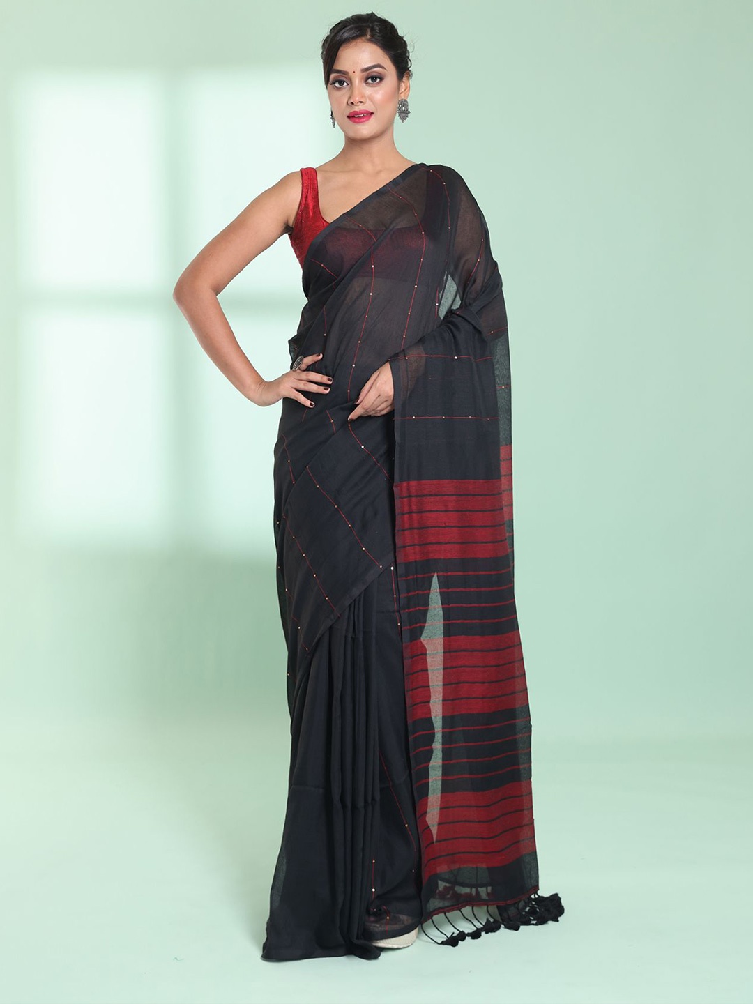 

Charukriti Embellished Sequinned Pure Cotton Handloom Saree, Black