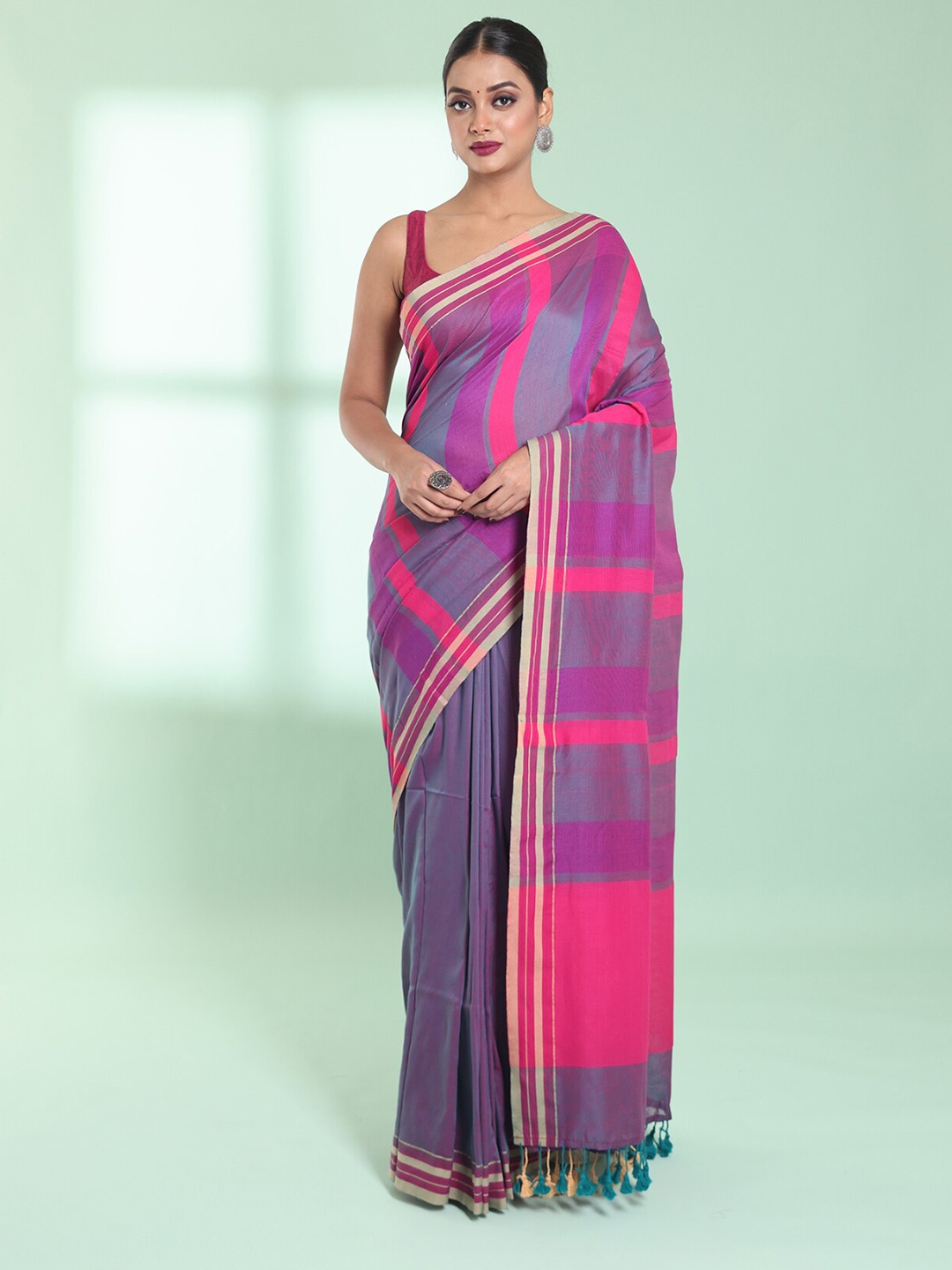 

Charukriti Striped Pure Cotton Saree, Purple