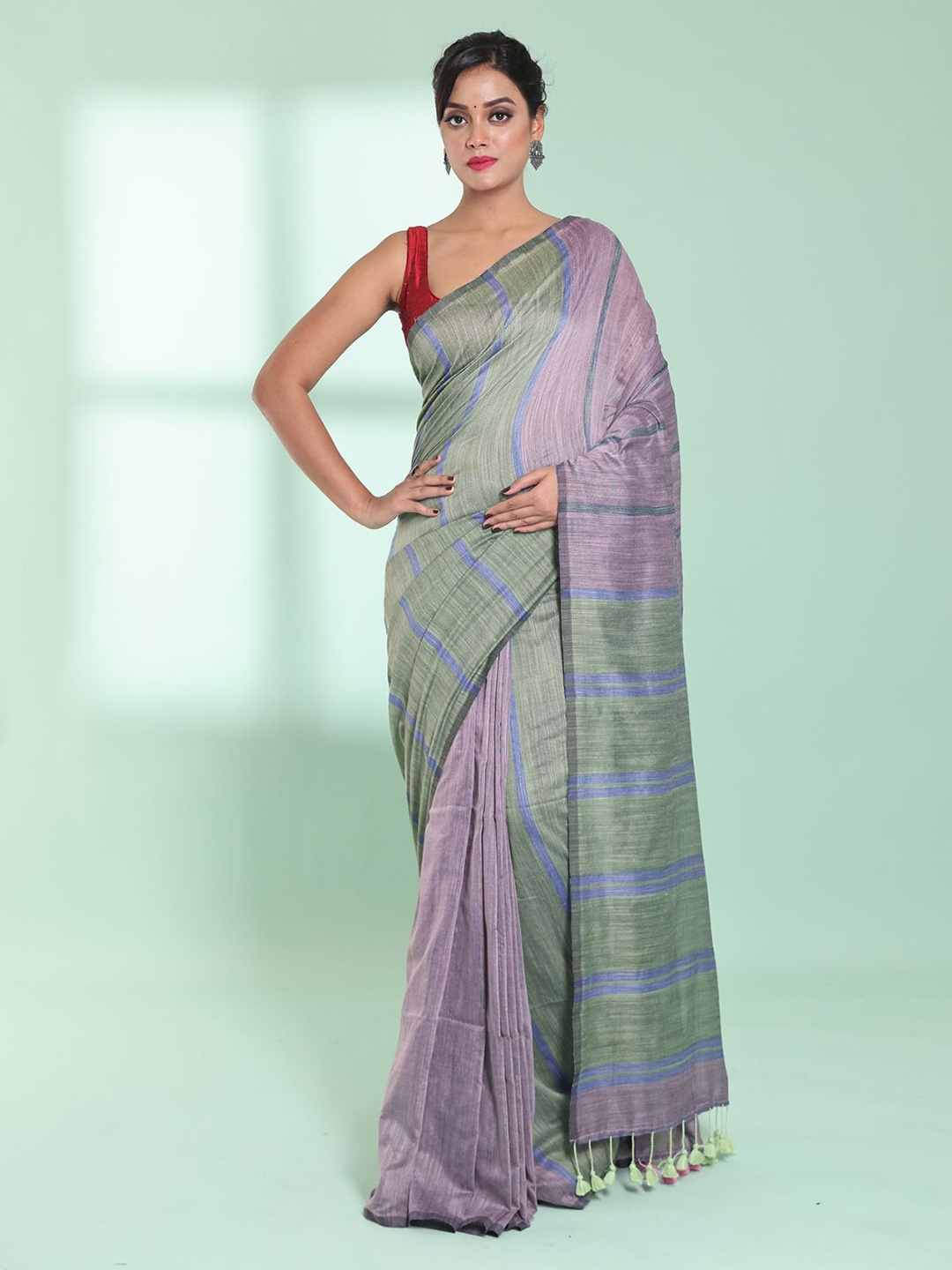 

Charukriti Striped Pure Cotton Saree, Pink