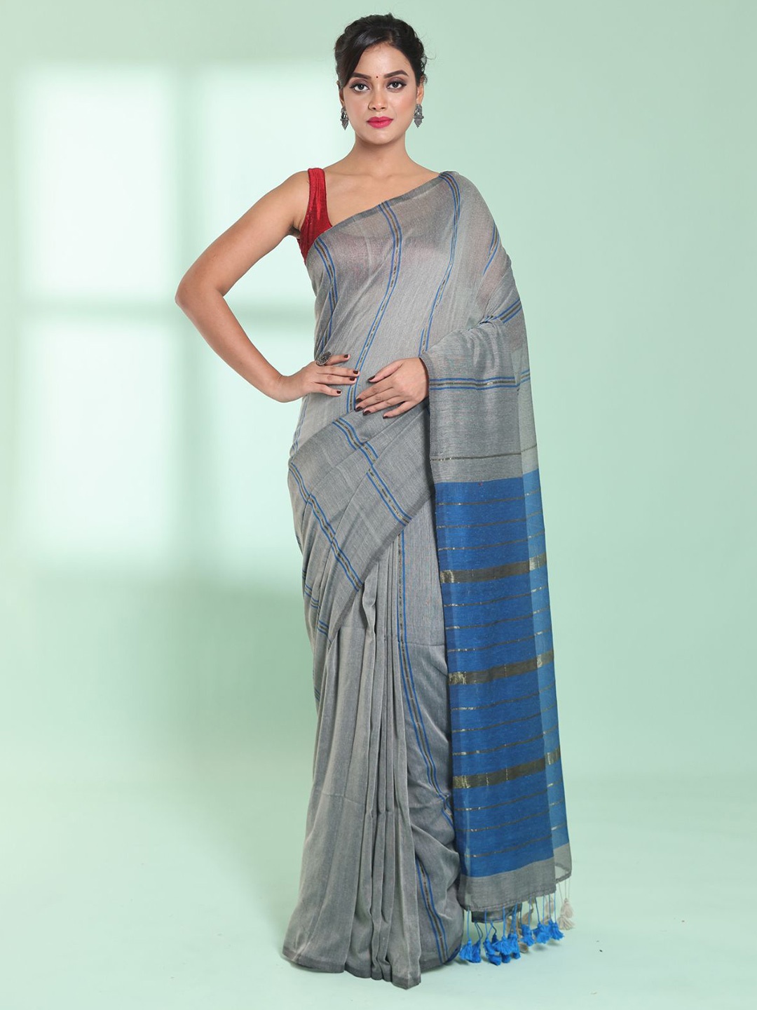 

Charukriti Zari Stripes Pure Cotton Saree, Grey