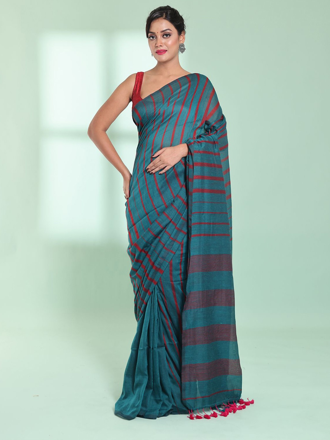 

Charukriti Striped Pure Cotton Saree, Teal