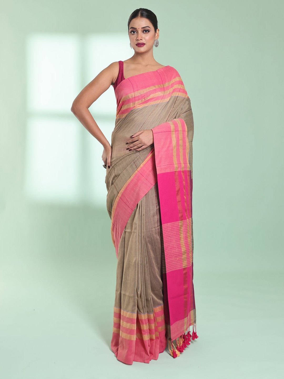 

Charukriti Striped Zari Pure Cotton Saree, Beige