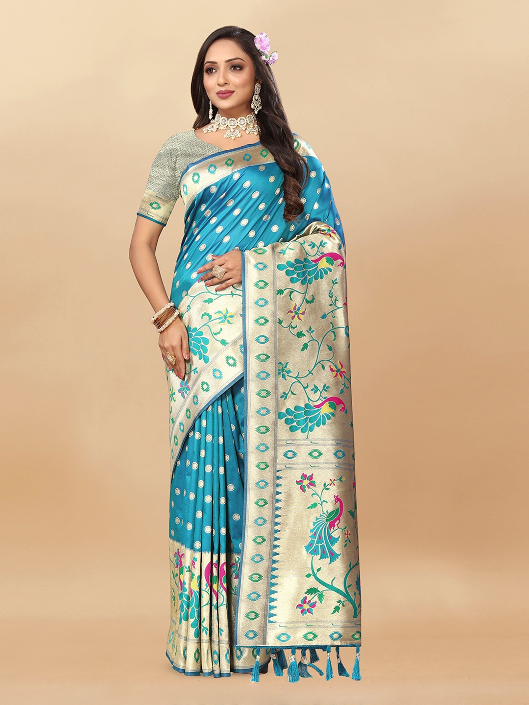 

Upalksh Ethnic Motifs Woven Design Zari Patola Saree, Turquoise blue