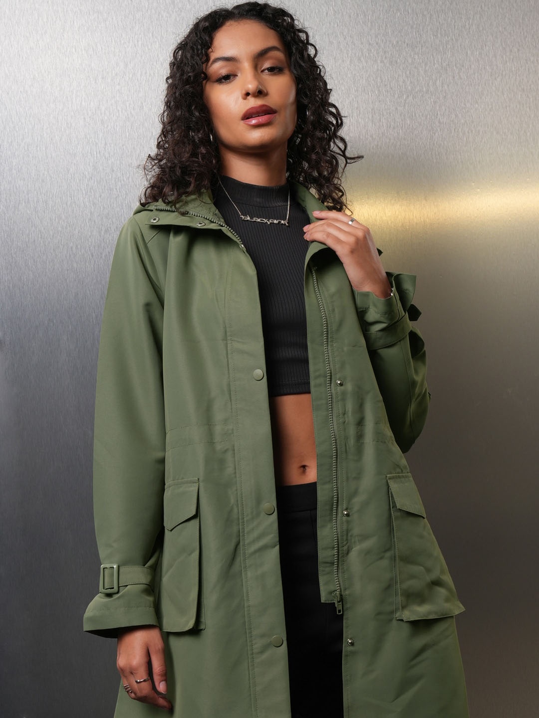 

Tokyo Talkies Women Longline Tailored Jacket, Green