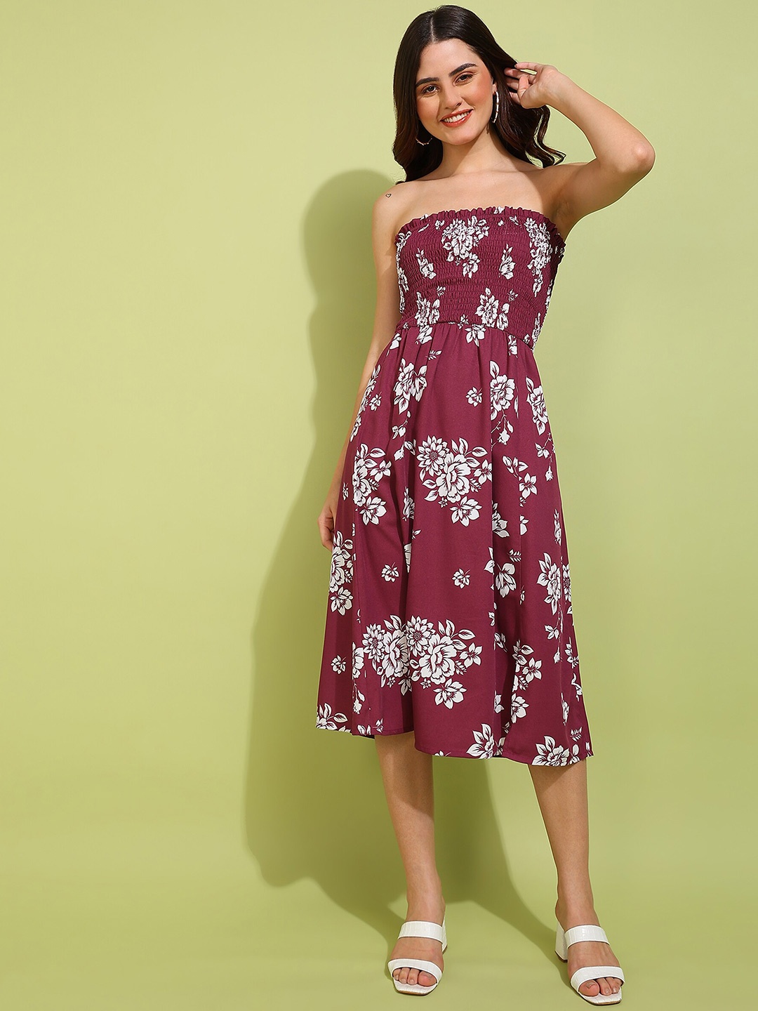 

DODO & MOA Floral Print Off-Shoulder Crepe Fit & Flare Midi Dress, Maroon