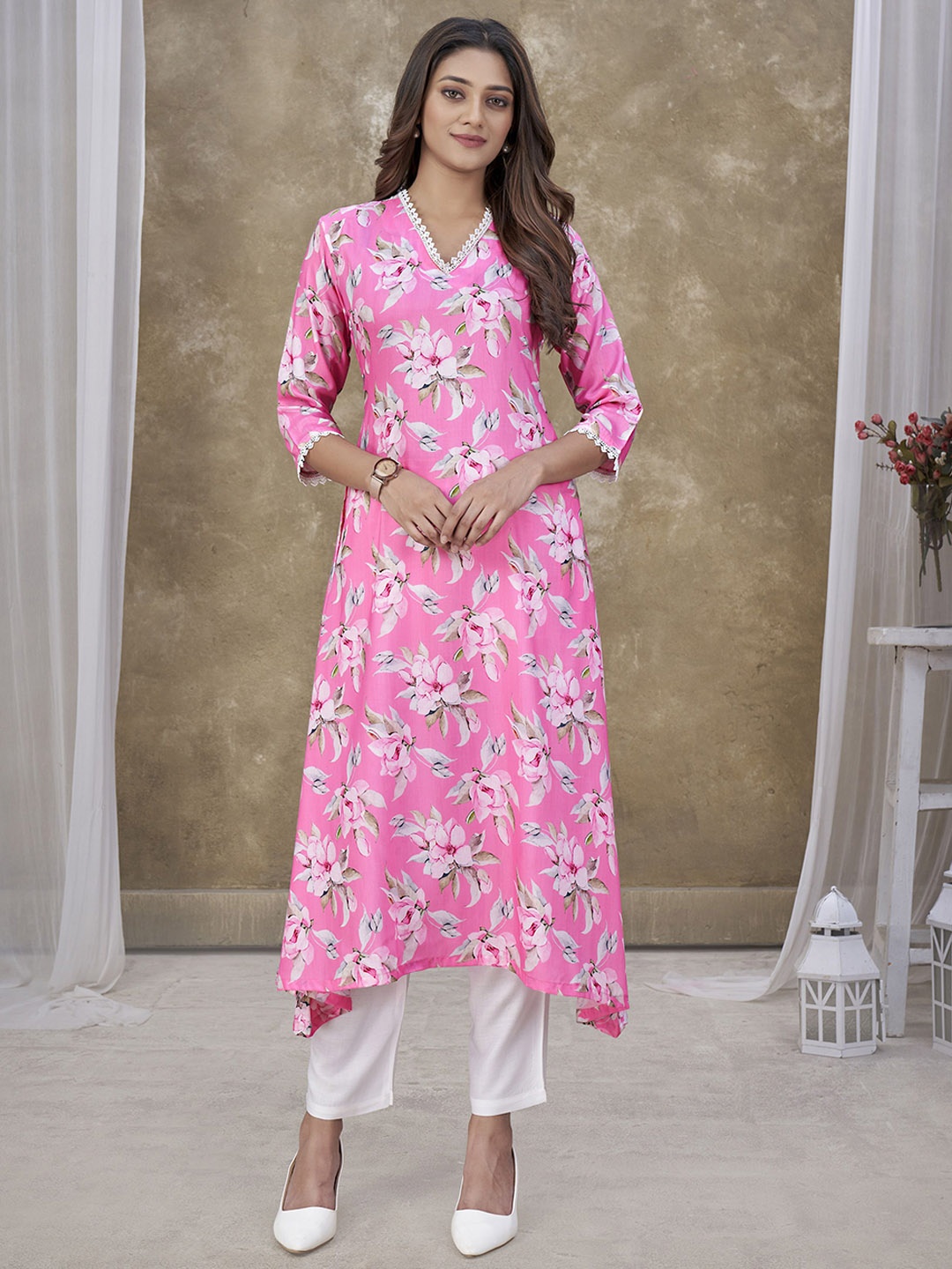 

Sangria Pink Floral Printed V Neck A-Line Kurta With Trouser