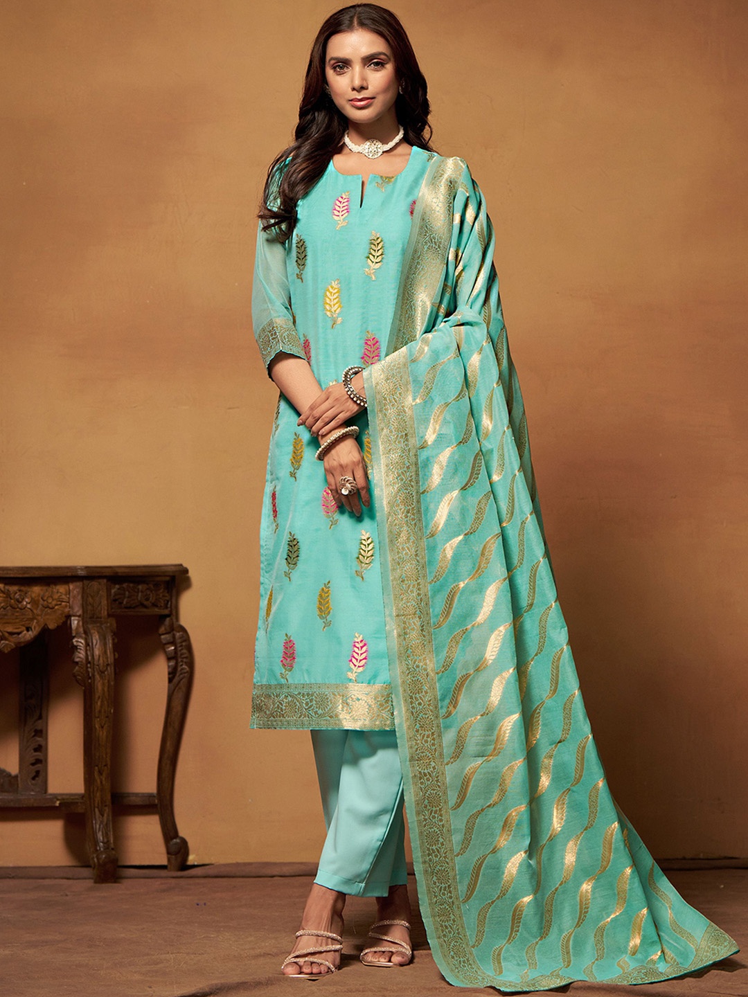 

Sangria Sea Green Floral Woven Design Straight Kurta With Trouser & Dupatta