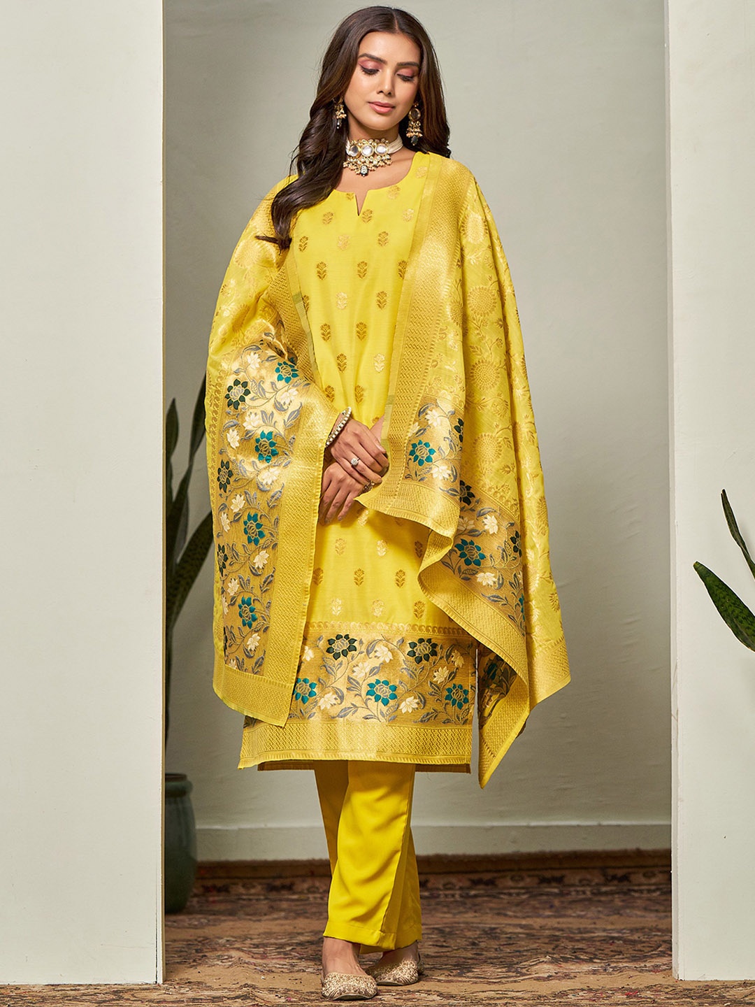 

Sangria Yellow Floral Woven Design Straight Kurta With Trouser & Dupatta