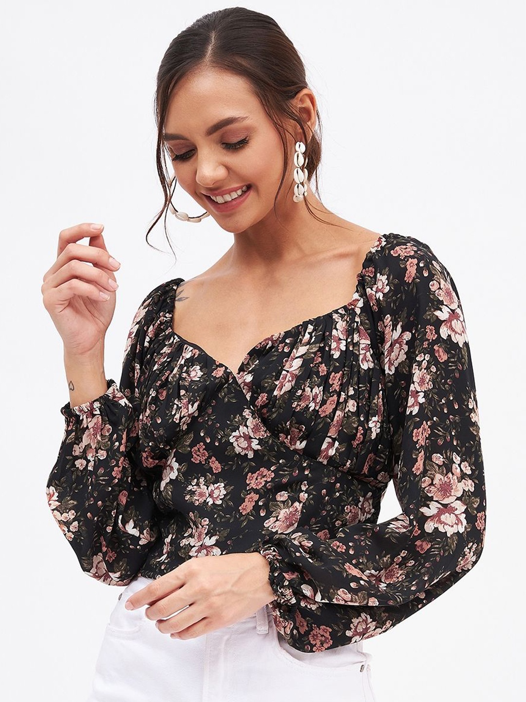 

Kibo Floral Print Sweetheart Neck Puff Sleeve Georgette Wrap Top, Black