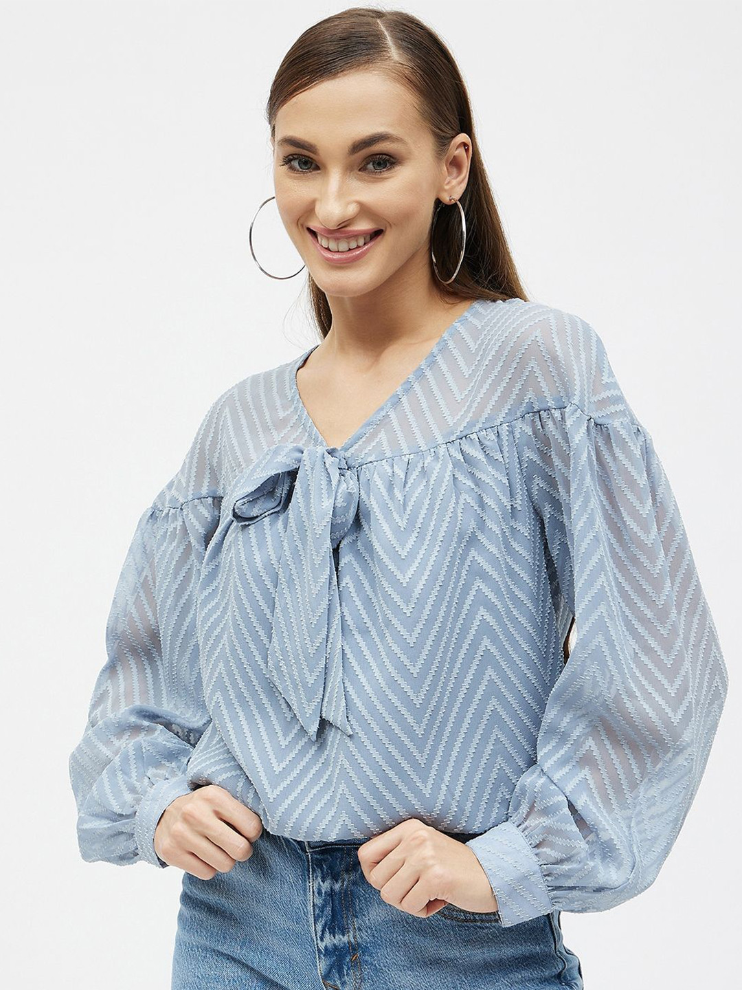 

Kibo Striped Tie-Up Neck Puff Sleeve Georgette Top, Blue