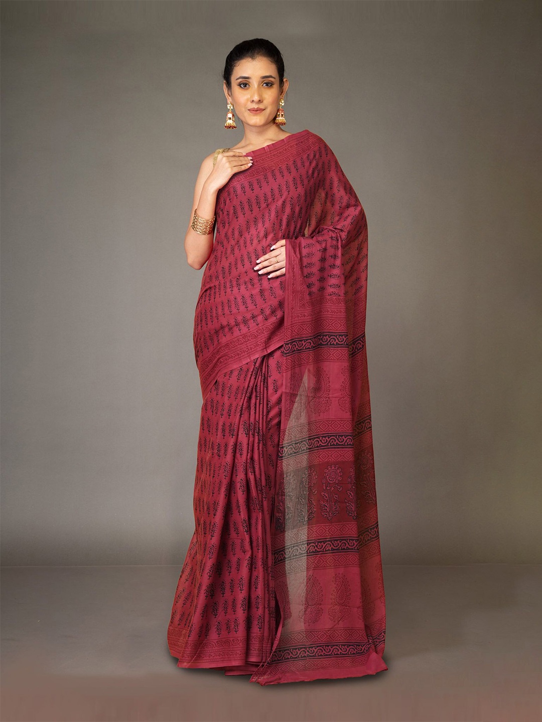 

Unnati Silks Printed Pure Cotton Handloom Bagh Saree, Red