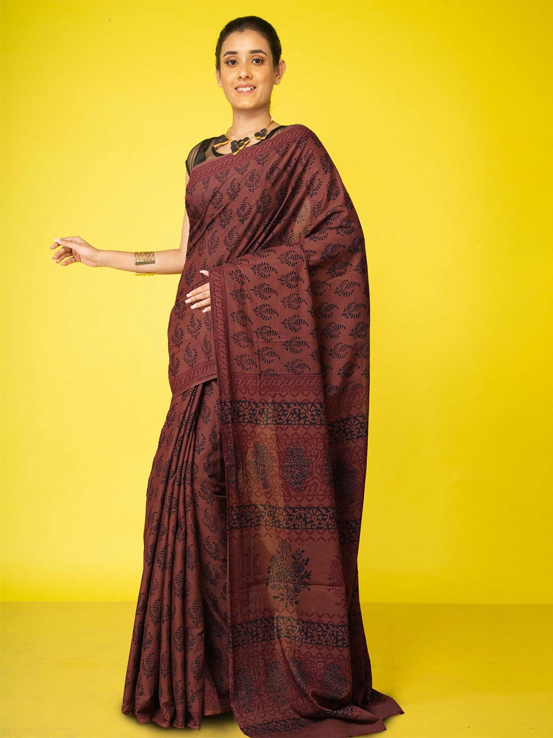 

Unnati Silks Pure Cotton Handloom Bagh Printed Saree, Brown