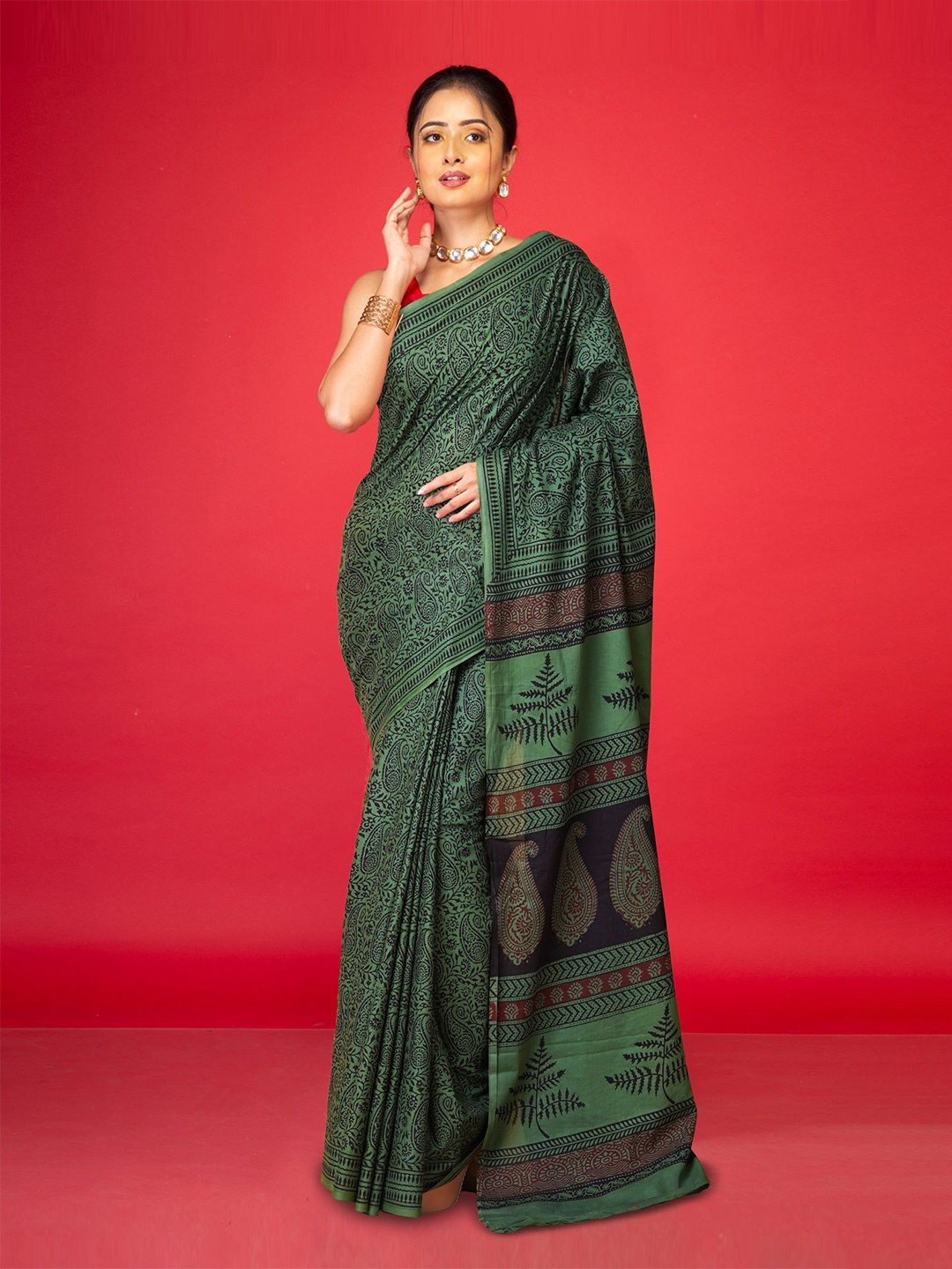

Unnati Silks Pure Cotton Handloom Bagh Printed Saree, Green