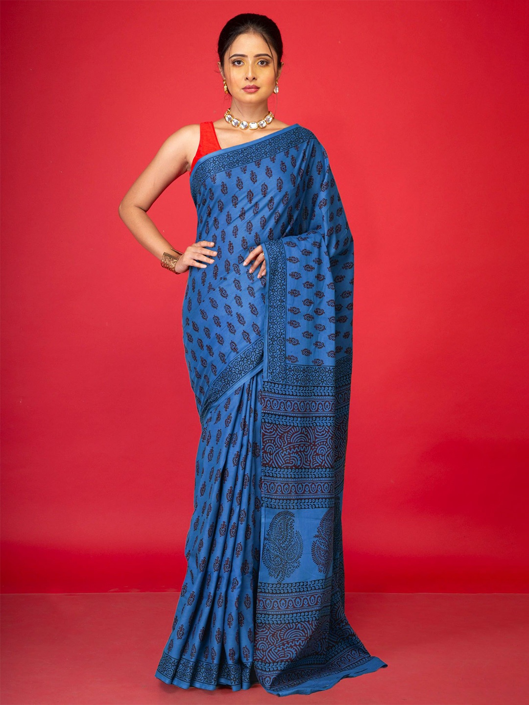 

Unnati Silks Pure Cotton Handloom Bagh Printed Saree, Blue