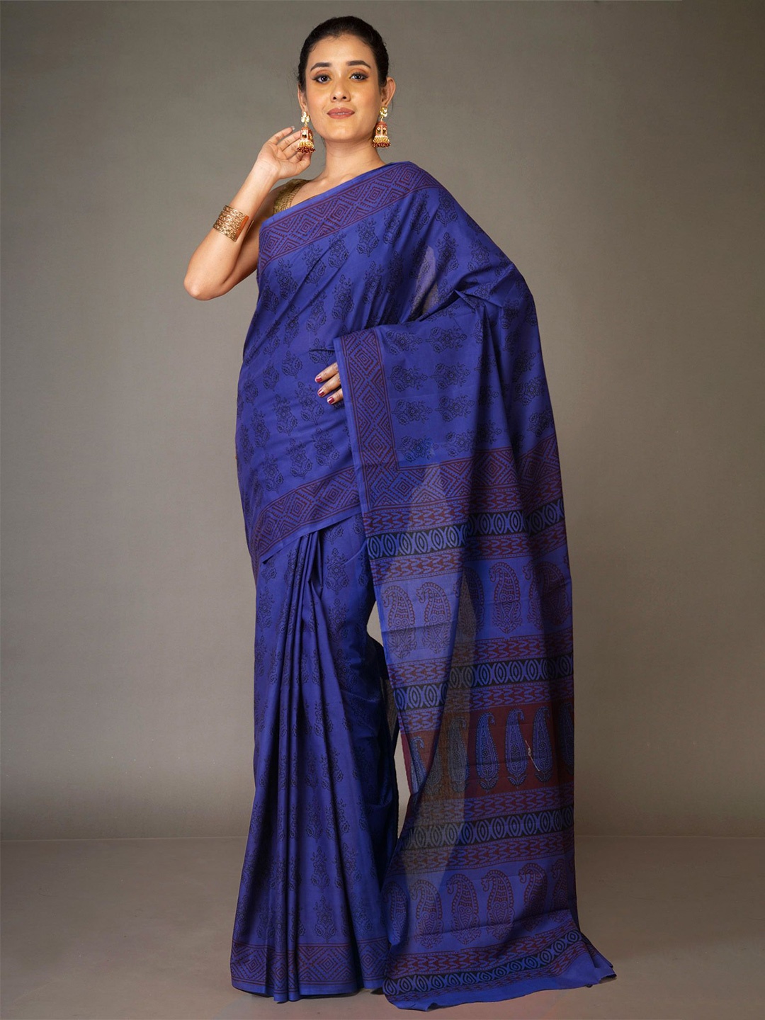 

Unnati Silks Bagh Pure Cotton Handloom Bagh Saree, Blue