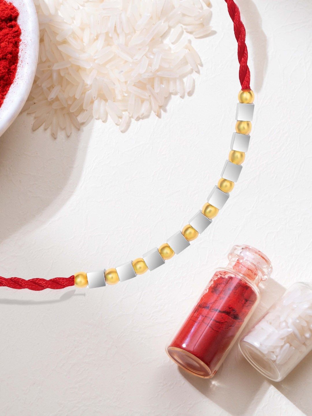 

Zavya 925 Sterling Silver Gold Plated Beaded Brother Rakhi, Red