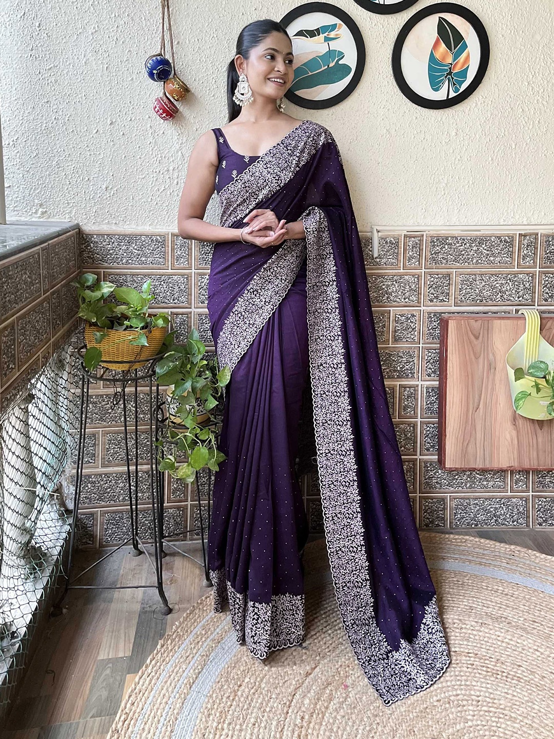 

Mitera Floral Embroidered Saree, Purple