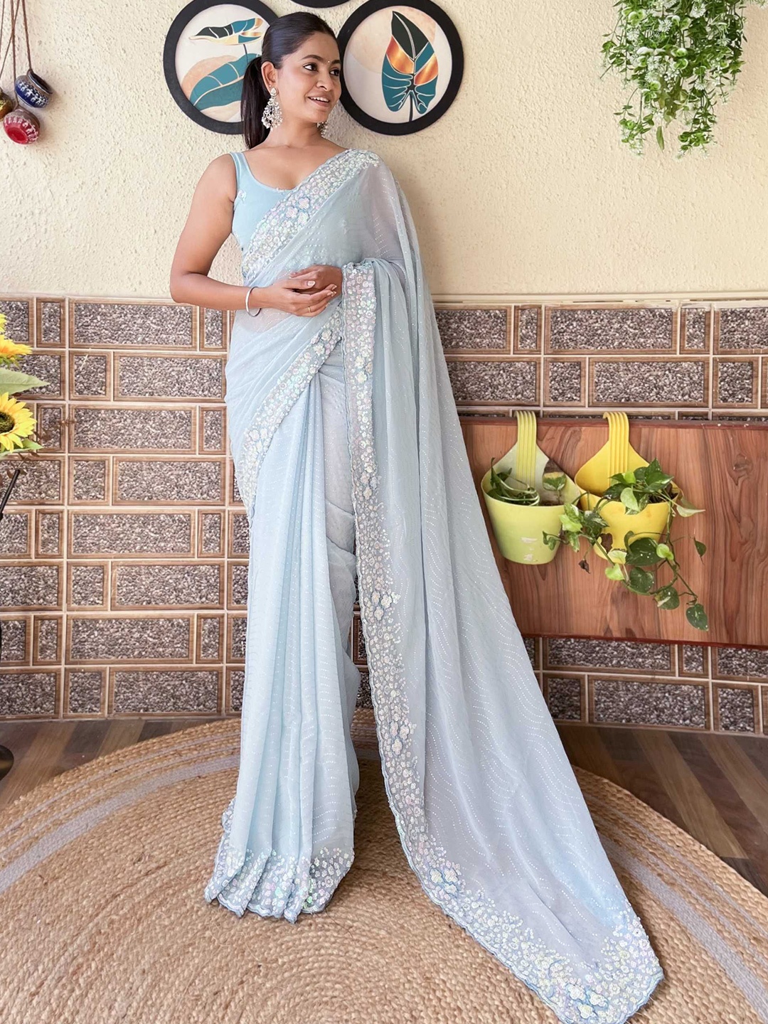 

Mitera Embellished Sequinned Saree With Unstitched Blouse Piece, Blue