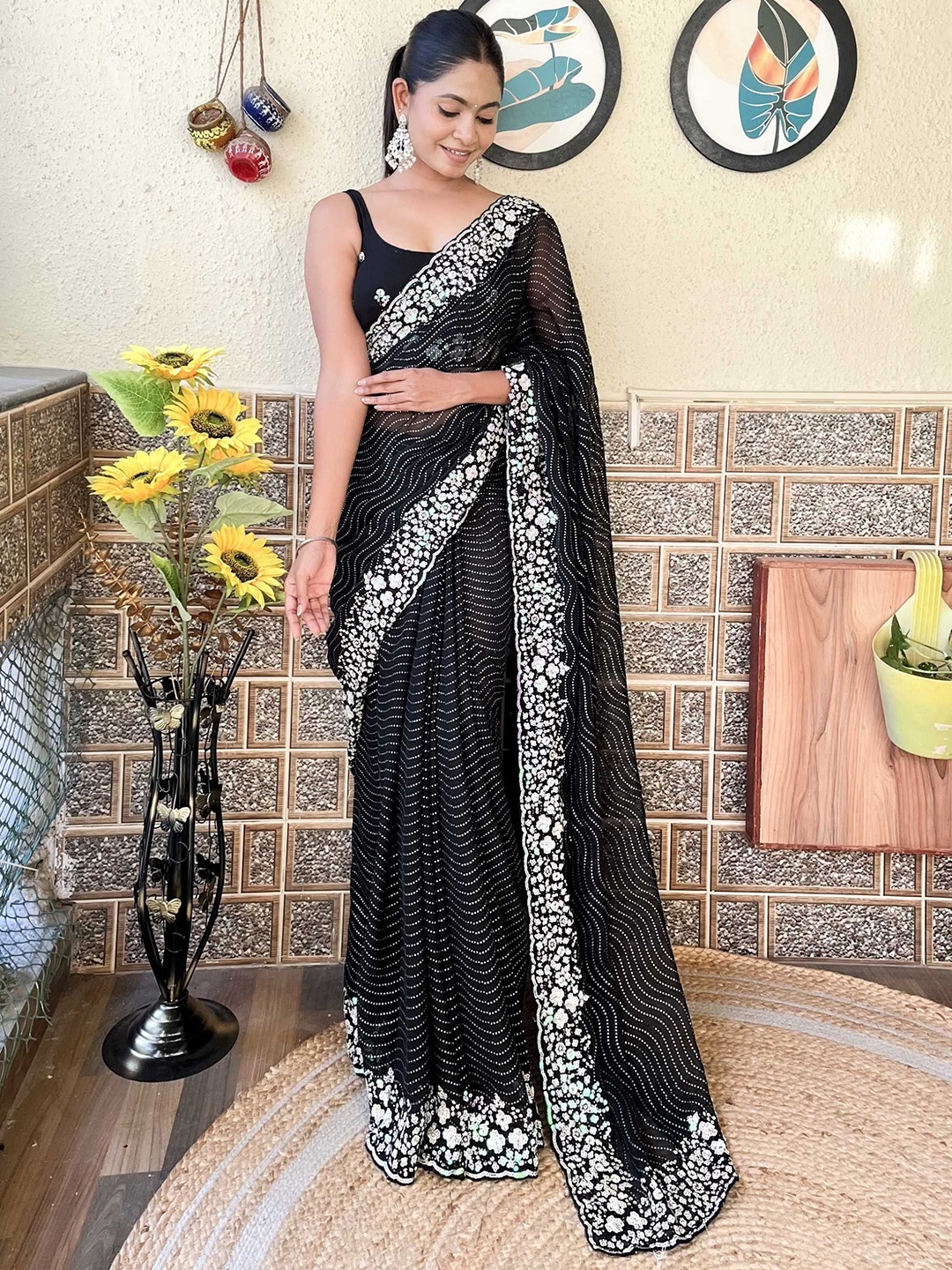 

Mitera Embellished Sequinned Saree, Black