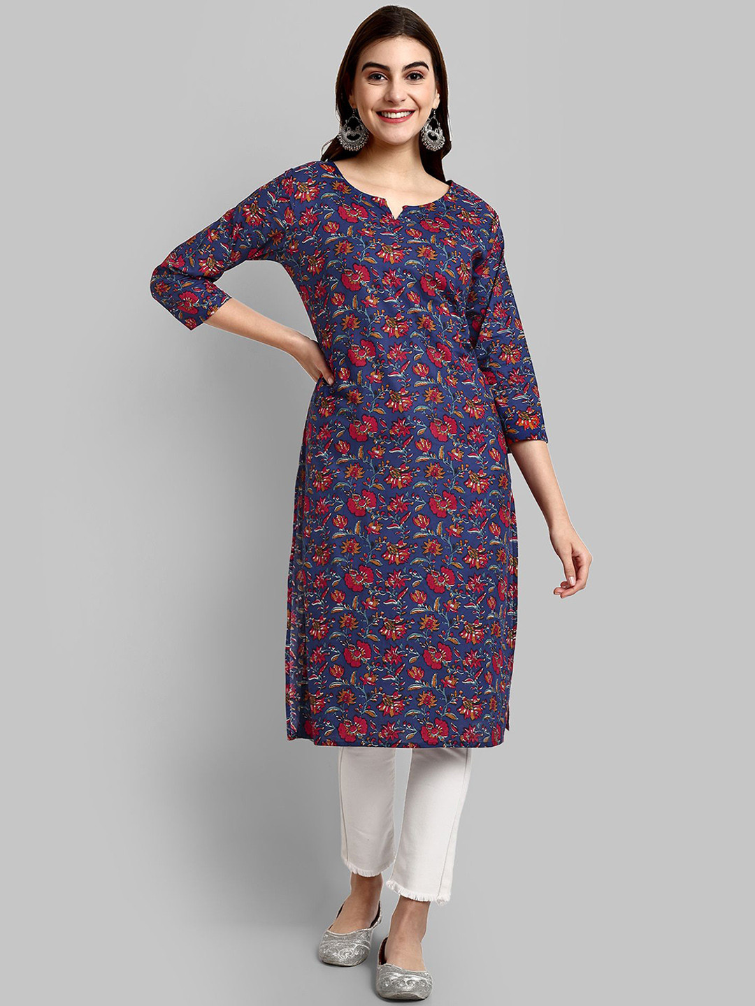 

DERAIL Floral Printed Cotton Straight Kurta, Blue