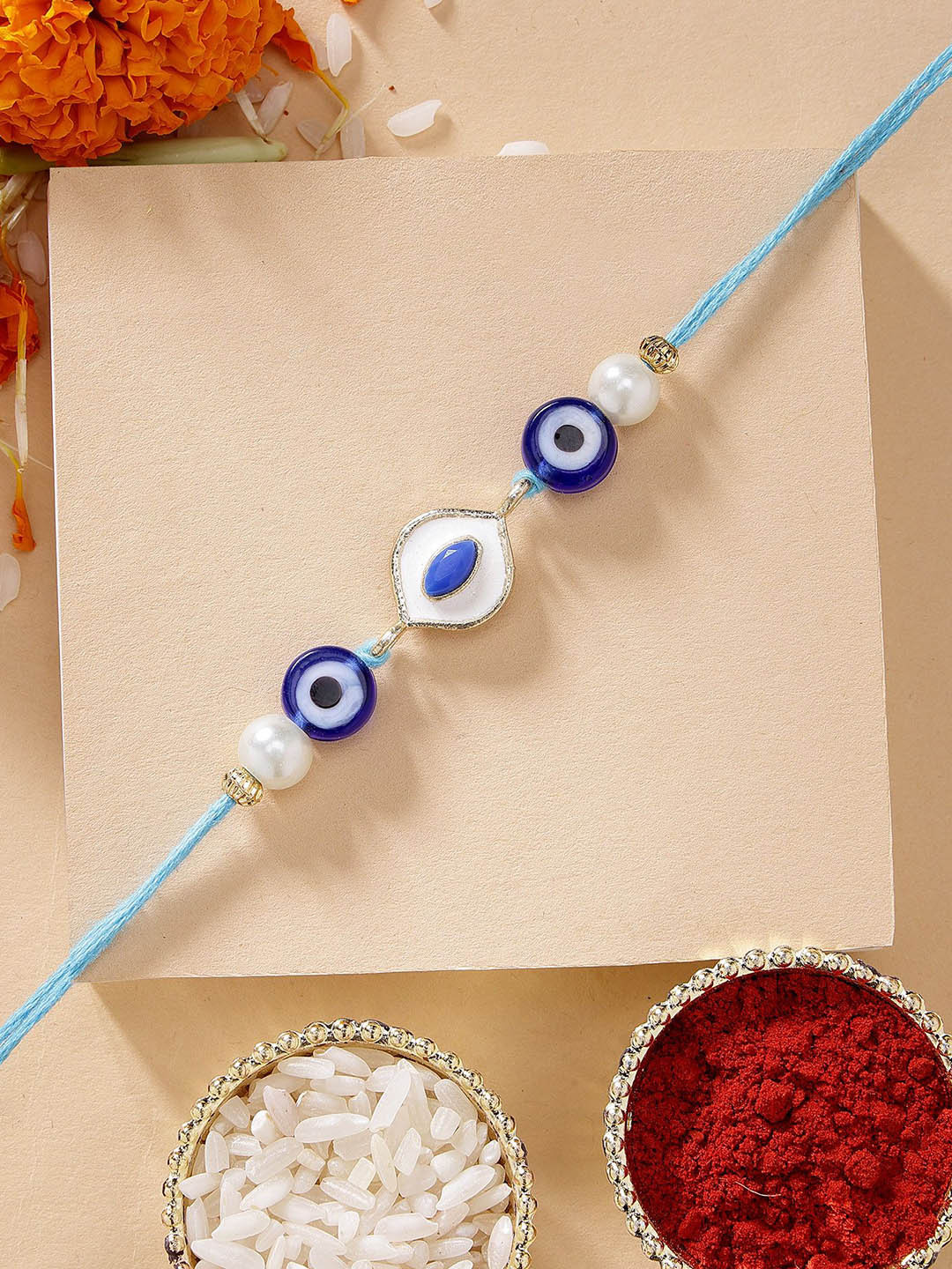 

KARATCART Fashionable Meenakari Evil Eye Kundan Rakhi with Roli & Chawal, Blue