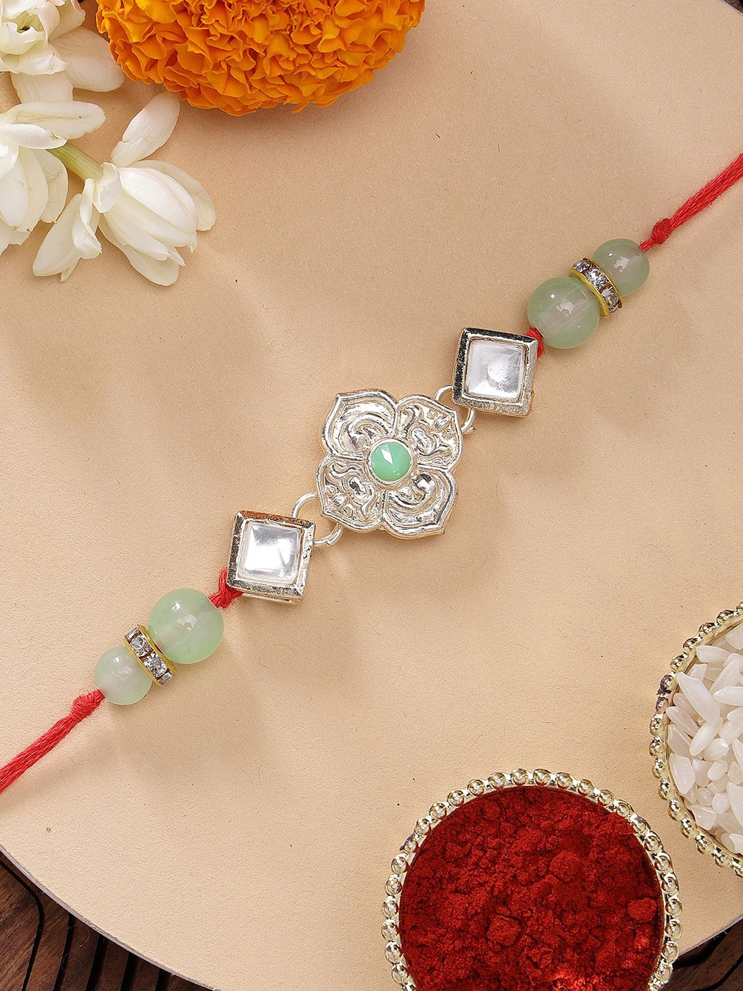 

KARATCART Floral Design Green Kundan Rakhi with Roli & Chawal, Lime green