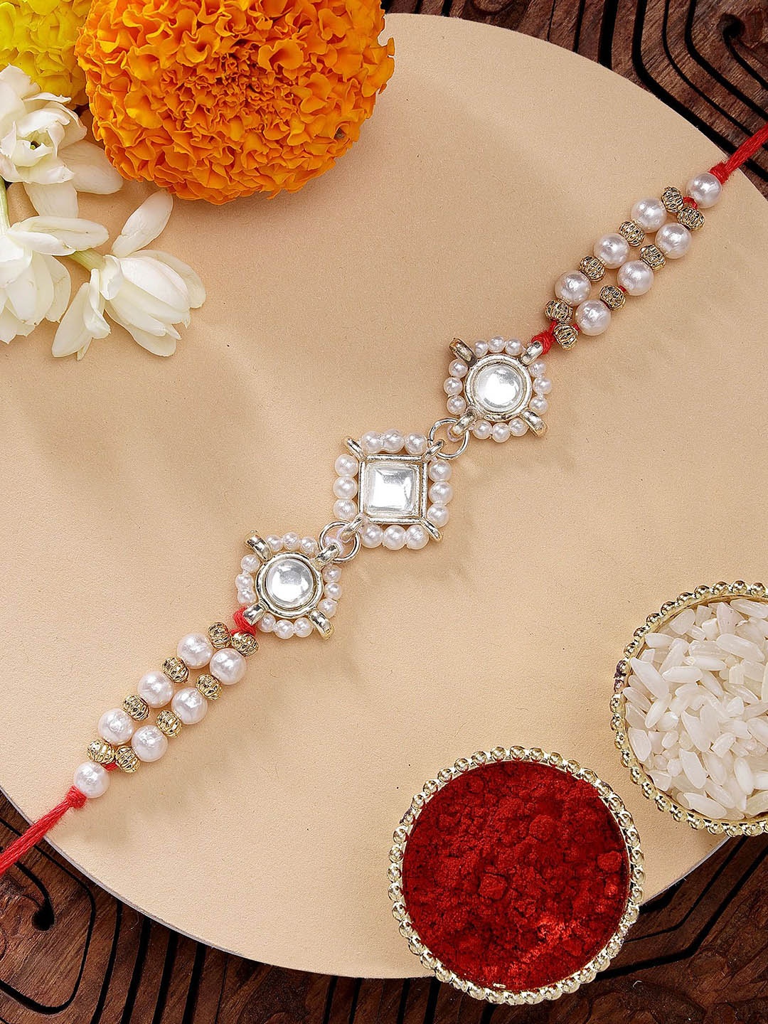 

KARATCART Pearls & Kundan Rakhi with Roli & Chawal, Gold
