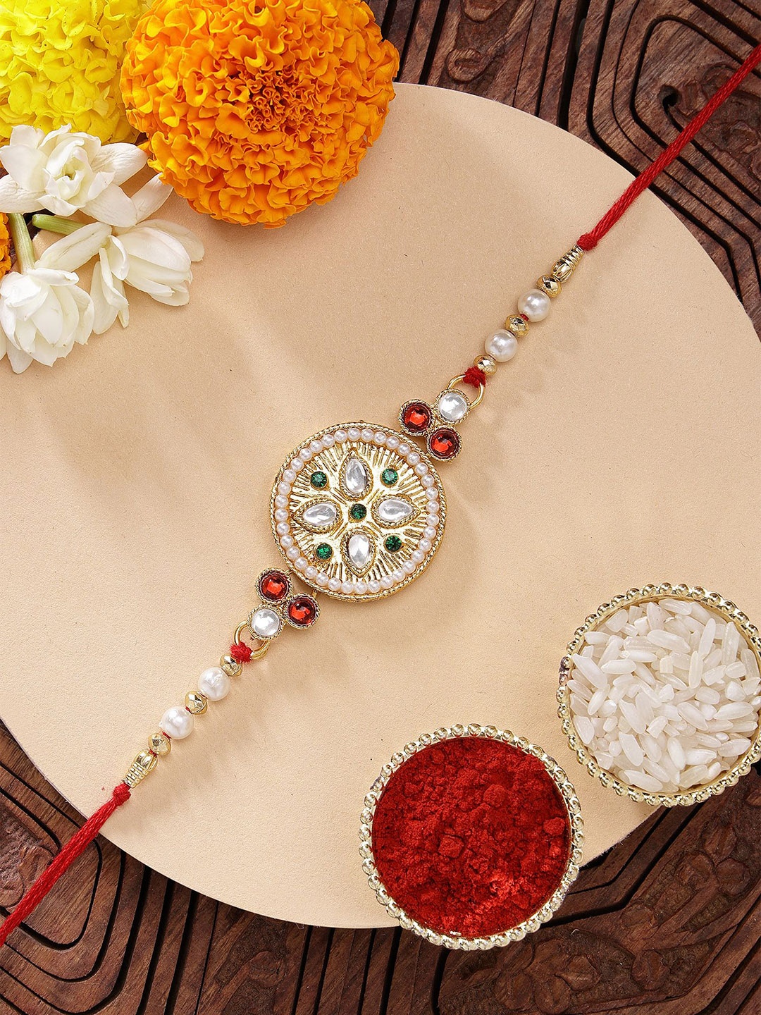 

KARATCART Floral Design Stone Studded Rakhi with Roli Chawal, Red