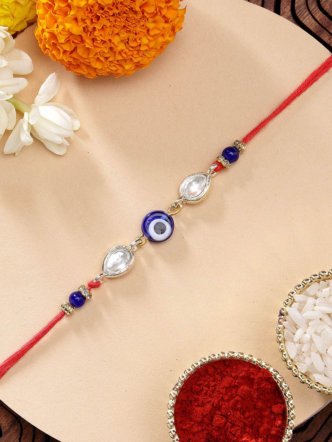 

KARATCART Evil Eye & Kundan Rakhi with Roli Chawal, Gold