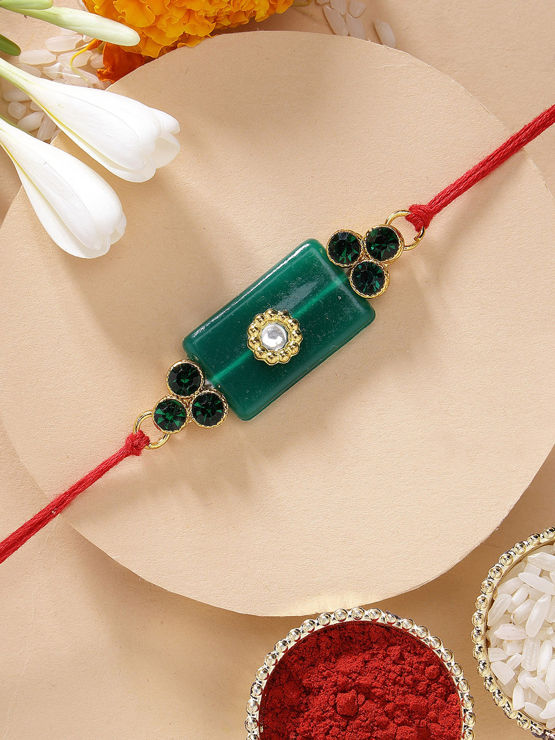 

KARATCART Green Stone & Crystal Rakhi with Roli Chawal