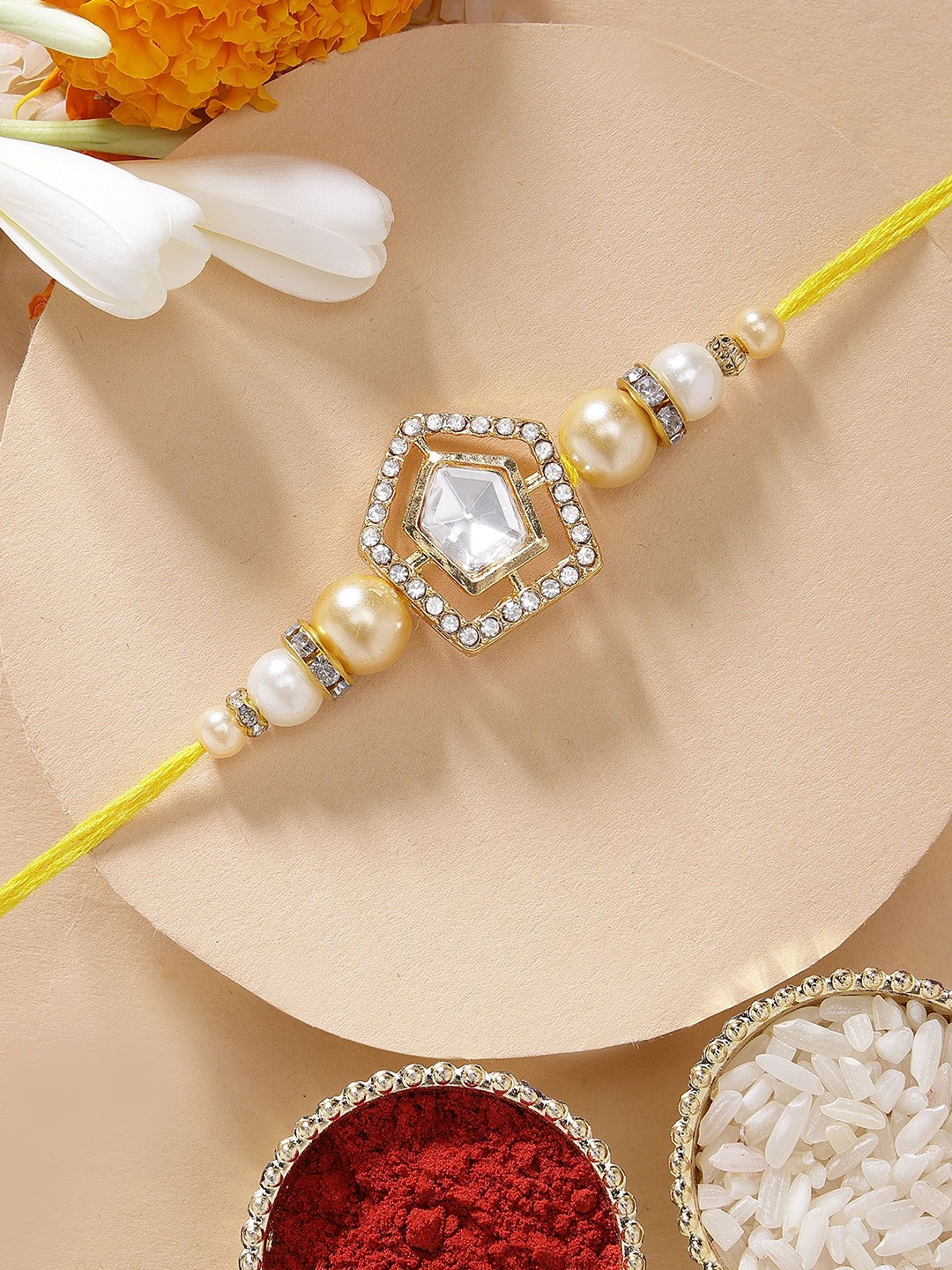 

KARATCART Golden Beads Polki Kundan Rakhi with Roli & Chawal, Yellow