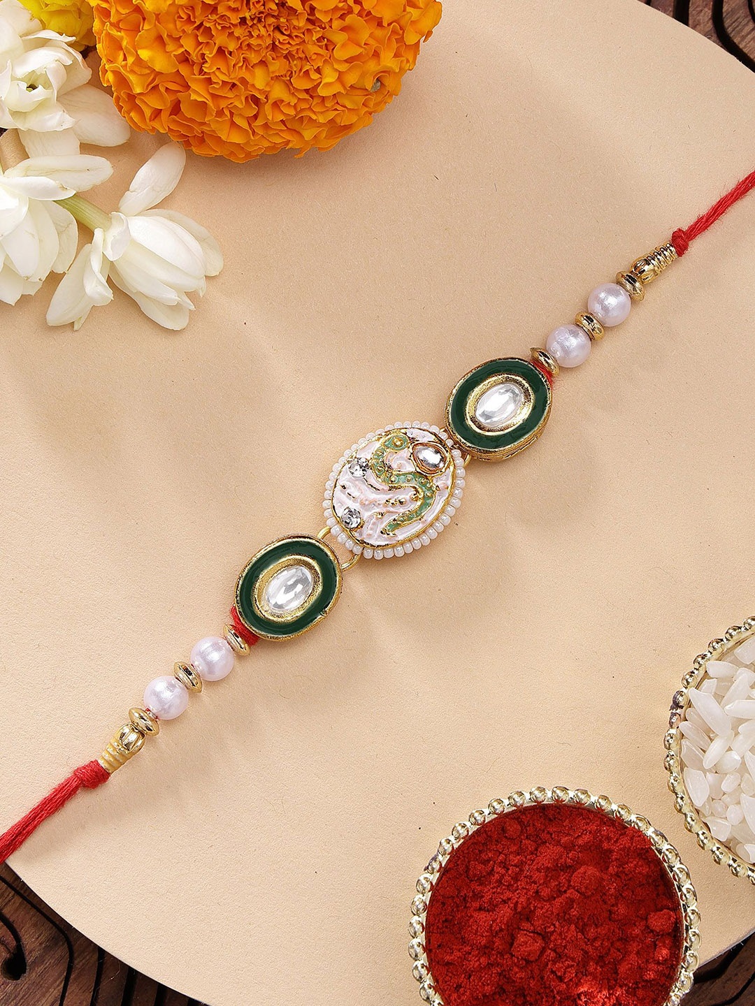 

KARATCART White Snake Design Meenakari Kundan Rakhi with Roli Chawal, Red