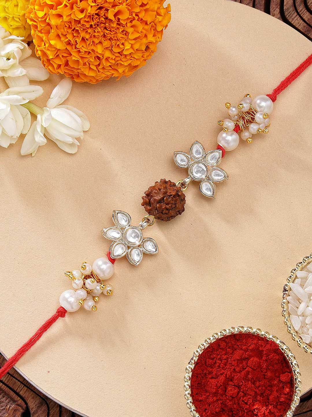 

KARATCART Rudraksha & Pearl Kundan Rakhi with Roli & Chawal, Red