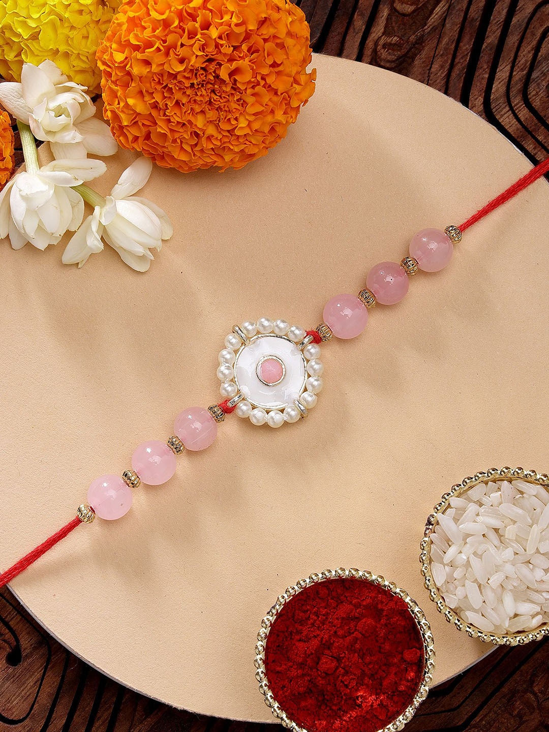 

KARATCART Pink Beads Meenakari Kundan Rakhi with Roli & Chawal
