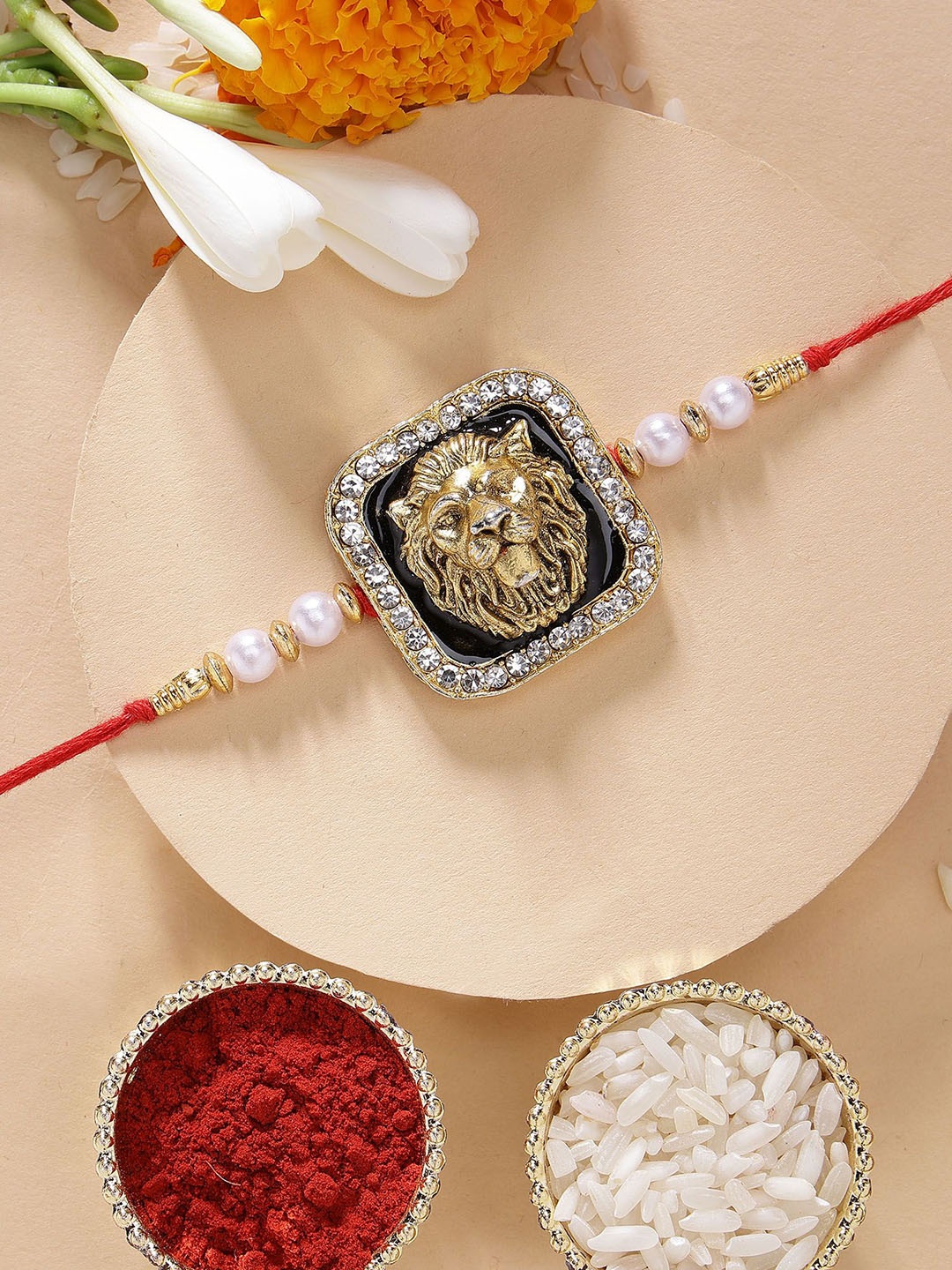 

KARATCART Meenakari Lion Shape Rakhi with Roli Chawal, Red