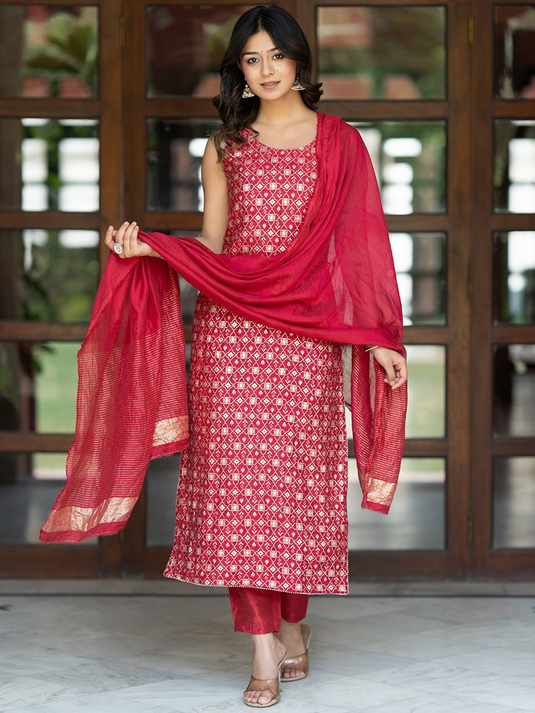 

ASPORA Floral Woven Design Round Neck Pure Silk Straight Kurta with Trousers & Dupatta, Red