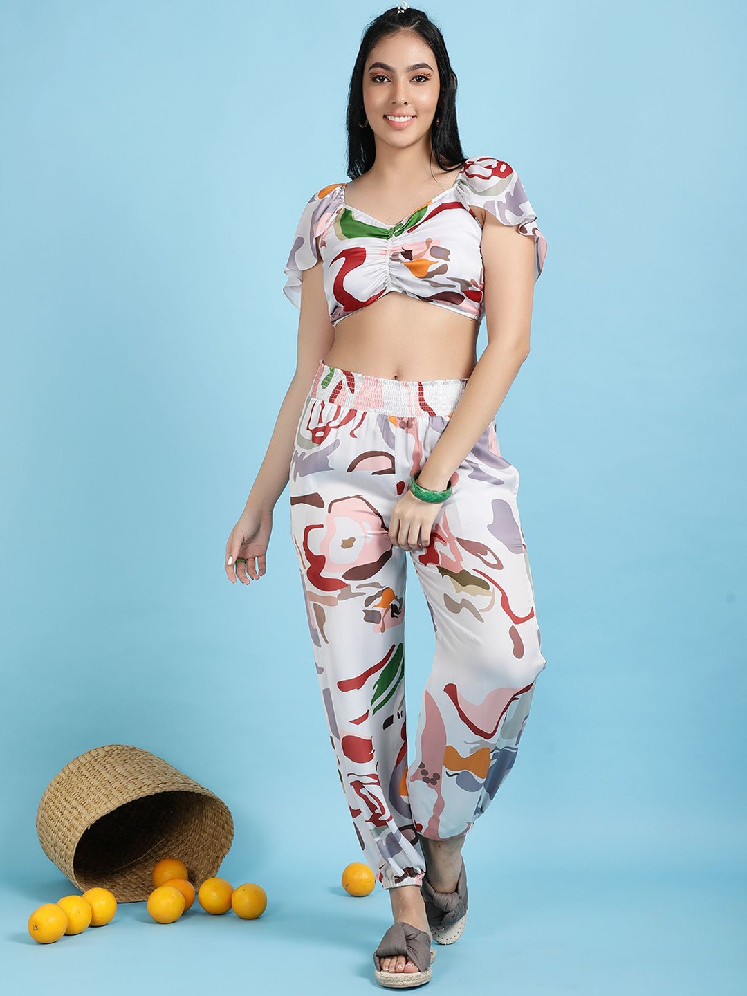 

Ranng Women Printed Top & Joggers Co-Ords, White