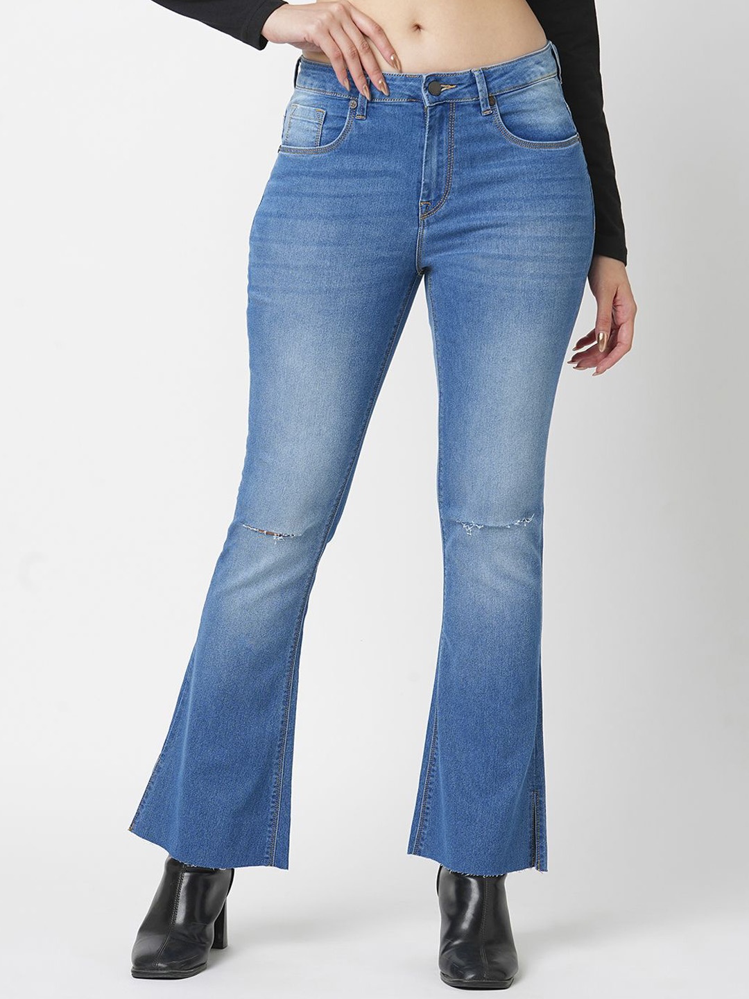 

HERE&NOW Flared High-Rise Slash Knee Heavy Fade Jeans, Blue