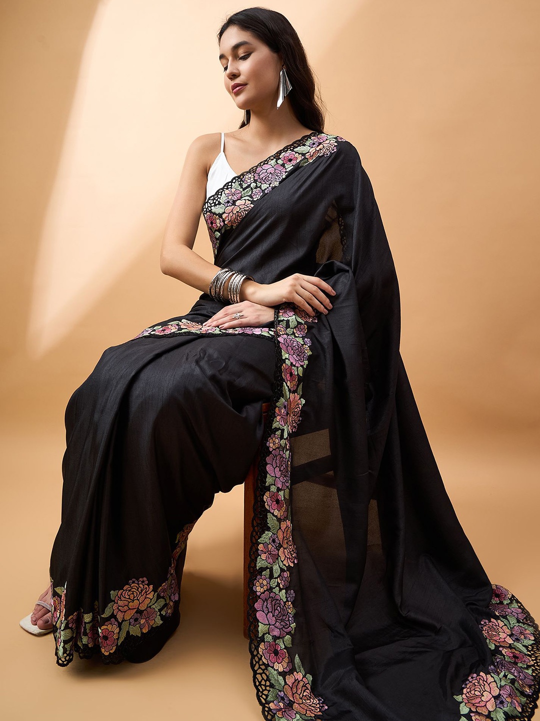 

all about you Floral Embroidered Aari Work Saree With Blouse Piece, Black