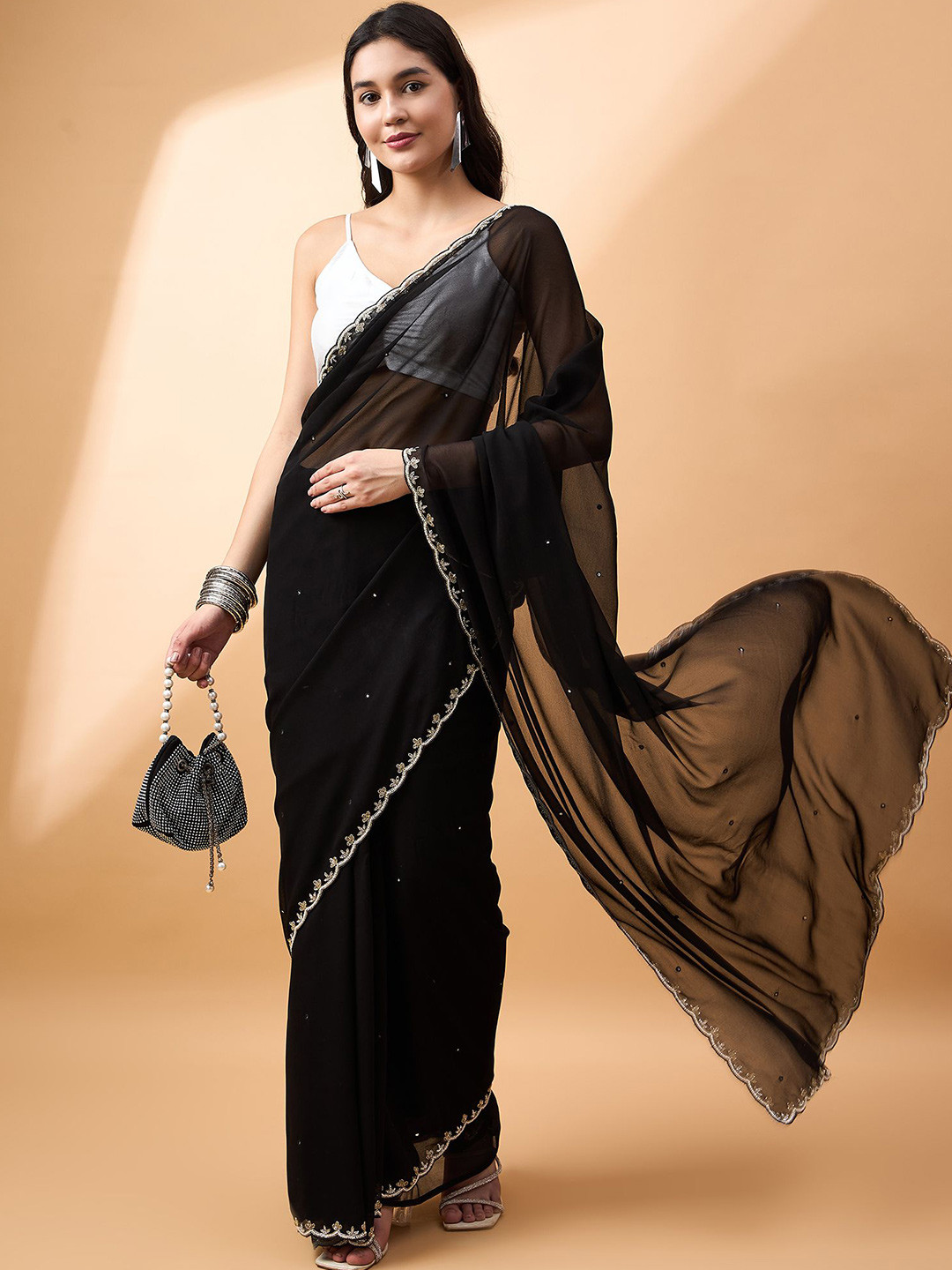 

all about you Embellished Mirror Work Pure Georgette Saree, Black