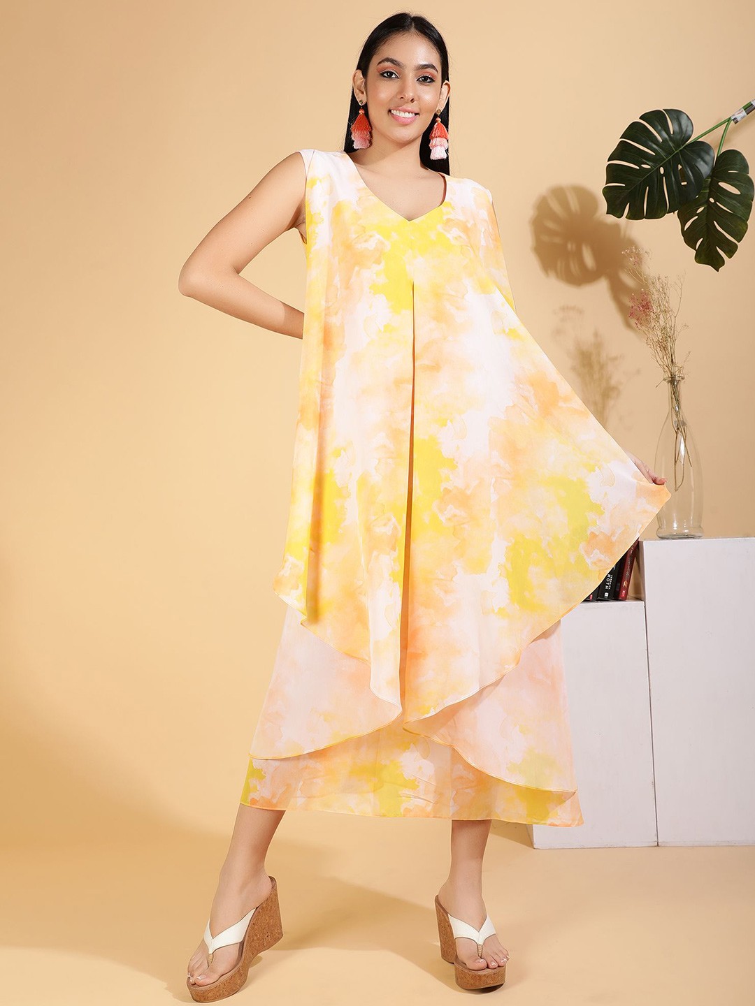 

Ranng Tie and Dye Dyed A-Line Midi Dress, Yellow