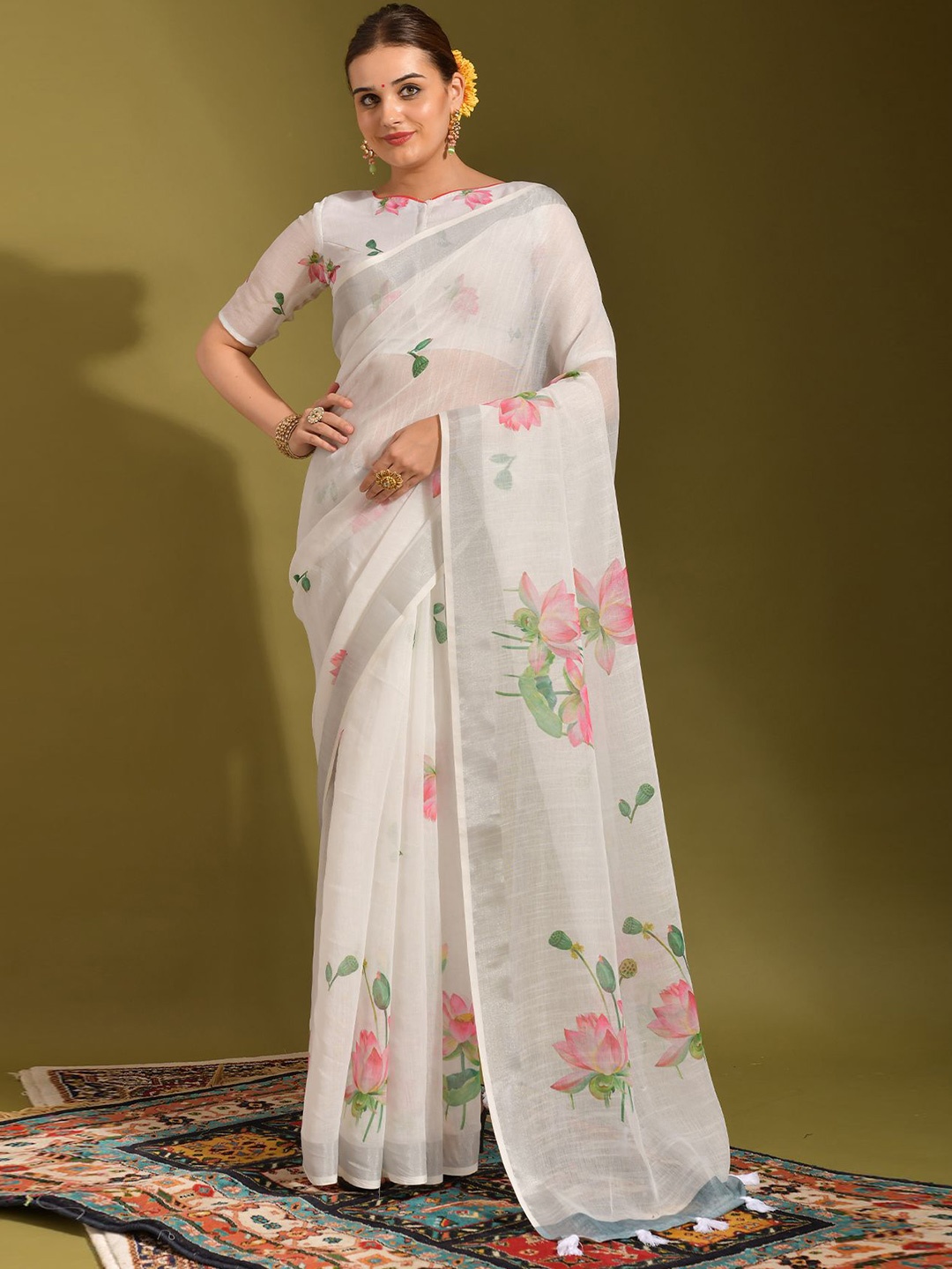 

Kalista Floral PrintedZari Saree, White