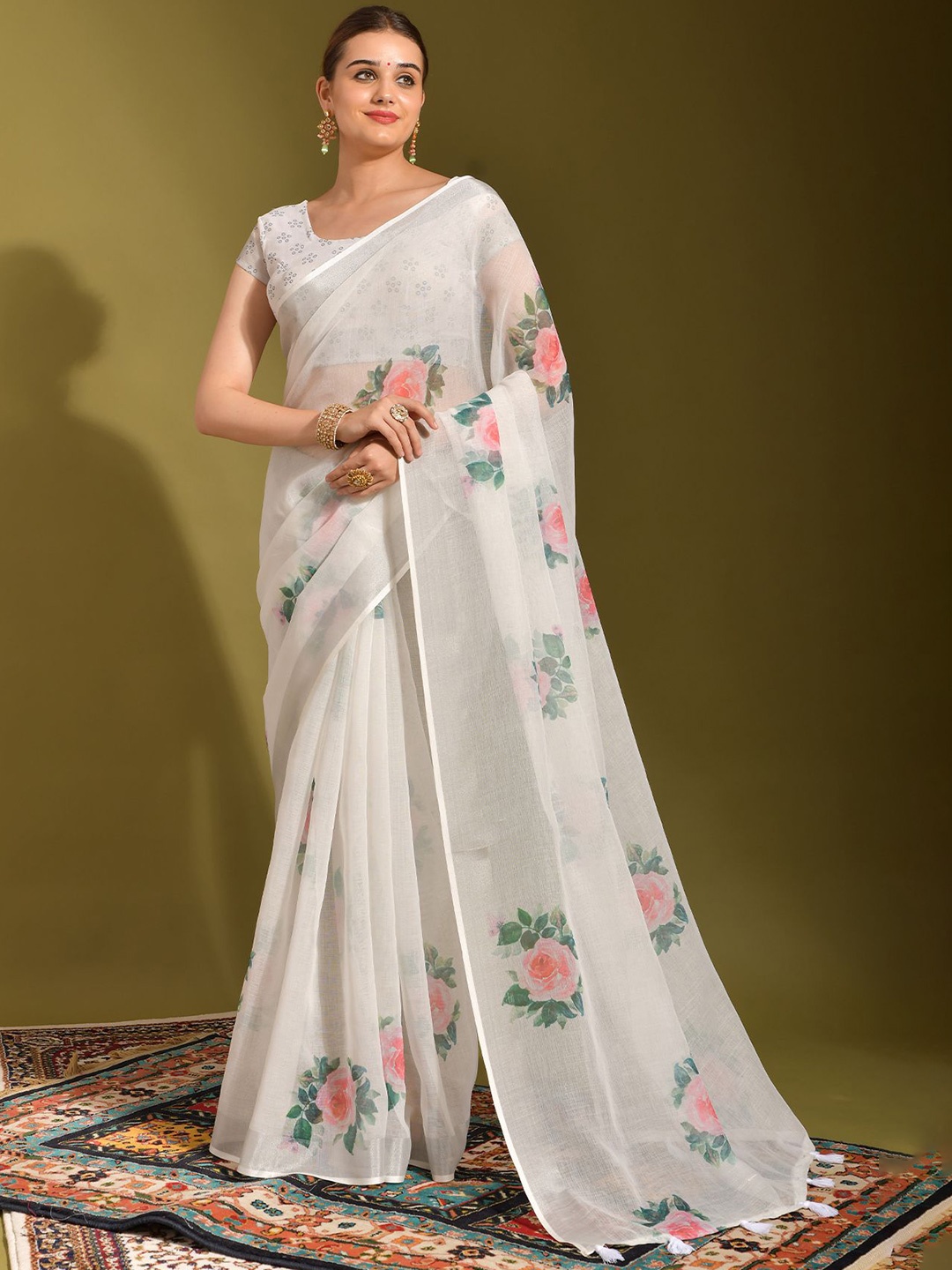 

Kalista Floral Printed Zari Saree, White