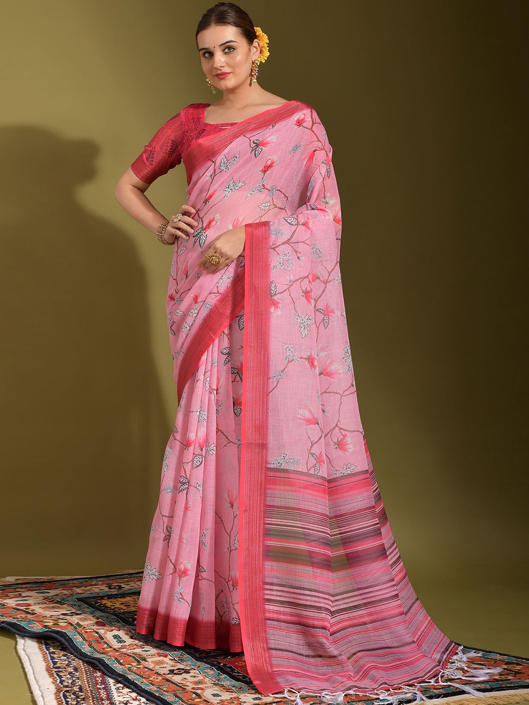 

Kalista Floral Zari Saree, Pink