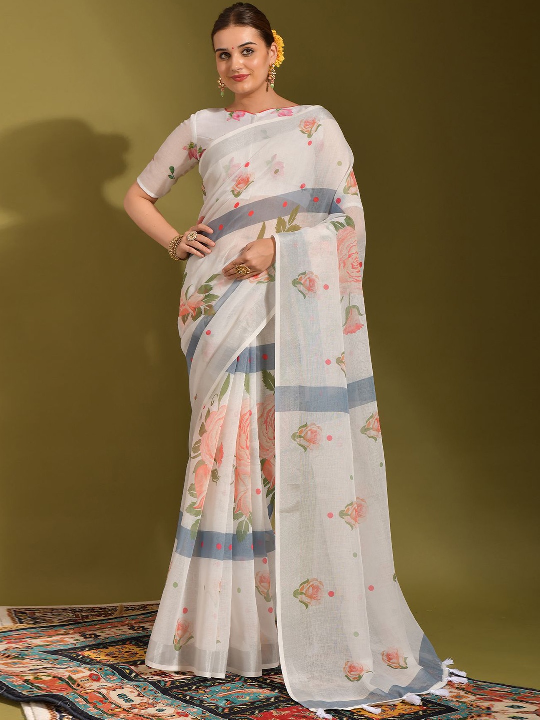 

Kalista Floral Zari Saree With Tassels, White